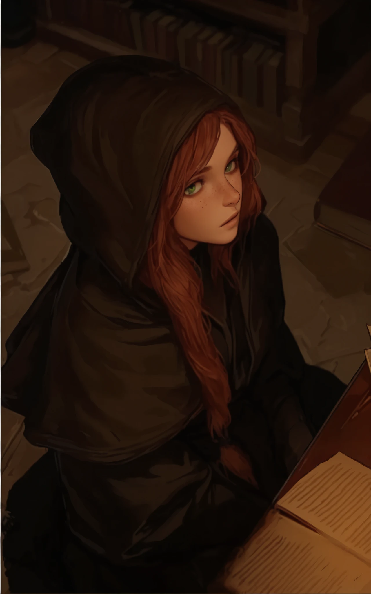 anime character with brown hair, with green eyes , freckles, in the hood, wearing a robe , sitting at table, a book.