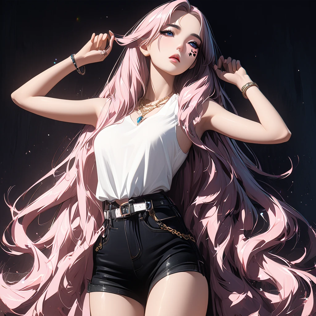 masterpiece, highly detailed, (1girl), white-pink hair, pastel colors, cozy atmosphere, natural lighting, black waist high leggings, oversized T-shirt, young16 year old teenager, soft facial features, short height(150cm), hip-level shot, long slender legs, big , slender yet curvy body