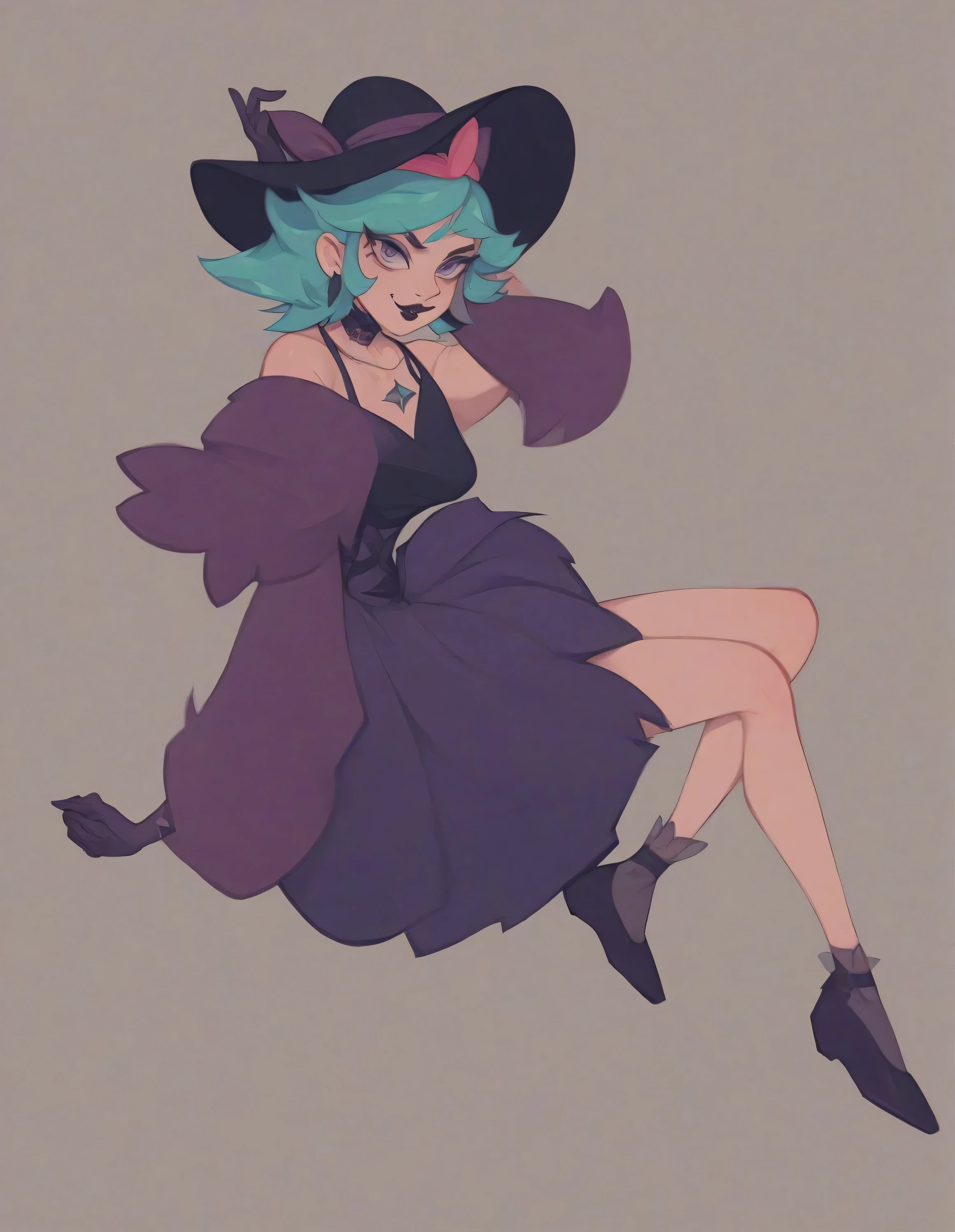 Eclipsa Butterfly, medium length woman, she is 30 , fluffy dark aqua hair , purple-gray eyes , light skin and raspberry peak suits on her cheeks . Wears a long eggplant dress , and a big black hat , dark purple gloves in her arms , on she has dark purple short socks and black ballet shoes. She paints her lips with dark maroon lipstick .