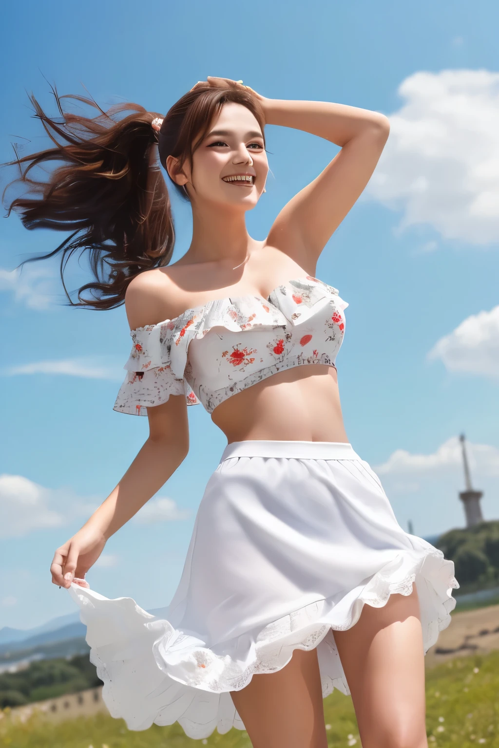 ( top quality,8k,32K, Masterpiece,Ultra High Resolution 1.2), perfect body, cute smile, ponytail with one leg,( 1,5),off-the-shoulder tops ,Floral midi skirt ,(My skirt is soaring in the wind 1.5),( white panties are slightly visible 2.0)