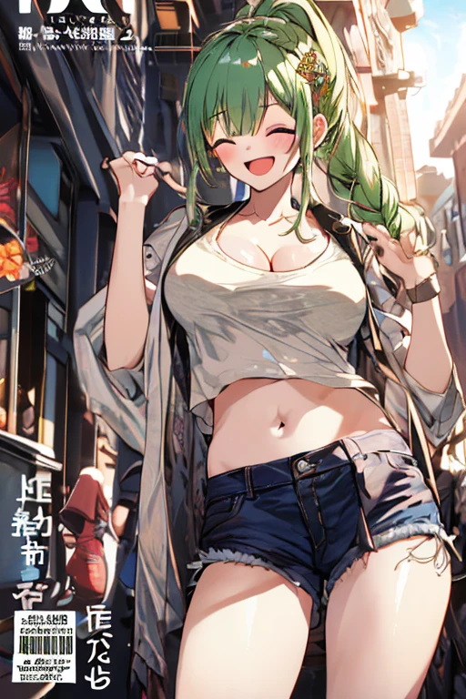 ((masterpiece,Highest quality:1.3)),cowboy shot,1woman、30-year-old beautiful detective、solo,((very small head:1.5)),green hair,(low ponytail),long hair,blunt bangs,green eyes,gorgeous eyes,shy,smile,medium breasts,((very long body:1.3)),(toned body,slender body,skinny),gleaming skin,shiny skin,oily skin,(leather jacket、Tube top shirt、Micro Shorts、World of Blade Runner、nsfw,