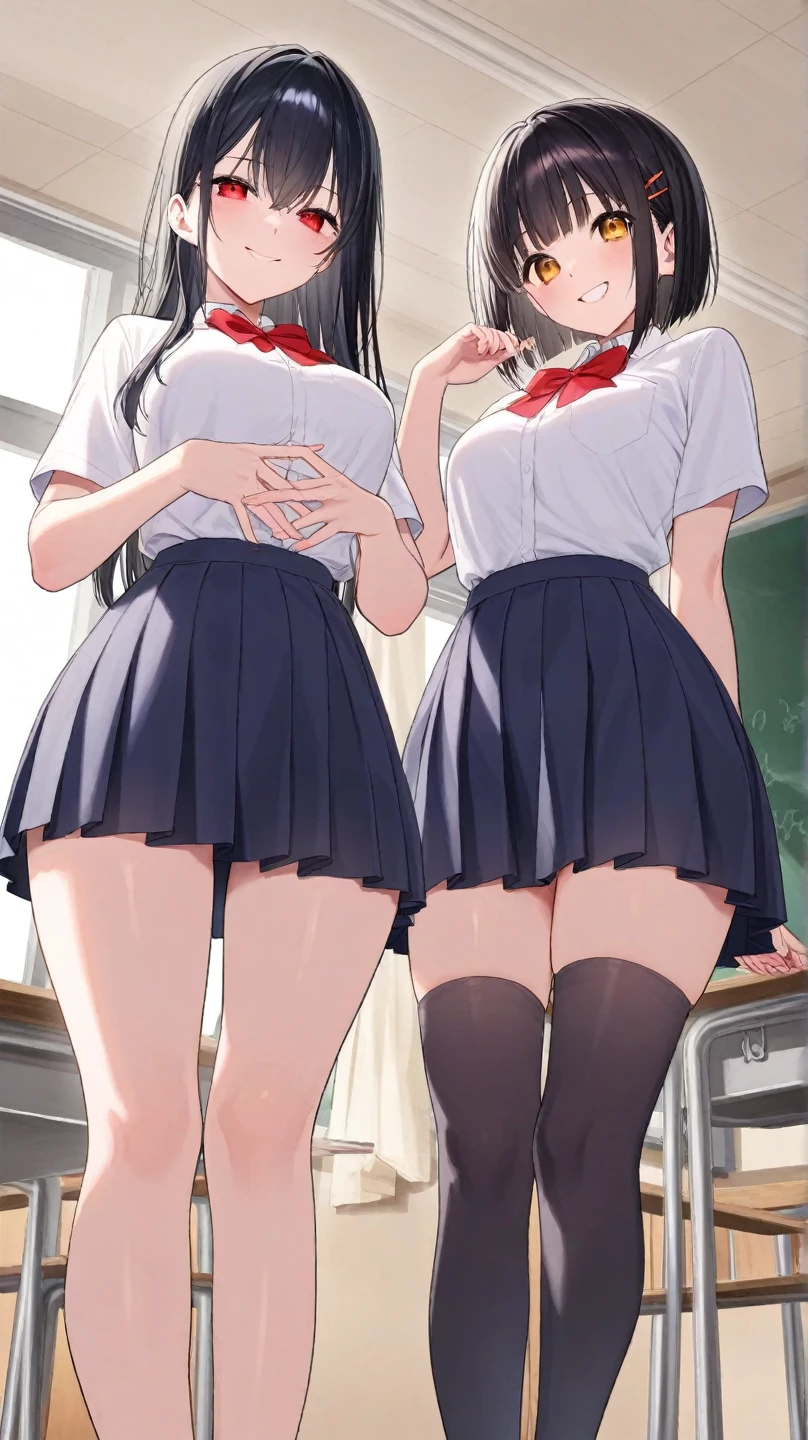 ((2 girls:1.5))、laughter、blush、shirt、のskirt、、((fun!))(small breasts)、chiralism、black hair、()、(黒いskirt:1.3)、bow, button, 襟の付いたshirt, long sleeve, マイクロskirt, プリーツskirt、(Jacket)、 skirt, socks, thighs, 白い shirt, ((classroom:1.5)),(skirtを掴む:1.5)、 (perfect hands, perfect anatomy),cowboy shot、(skirt lift:1.3),(highly detailed white panties:1.3)、(highly detailed panties:1.3)、、(skirt that rolls up:1.3)、(fully exposed panties:1.5)、