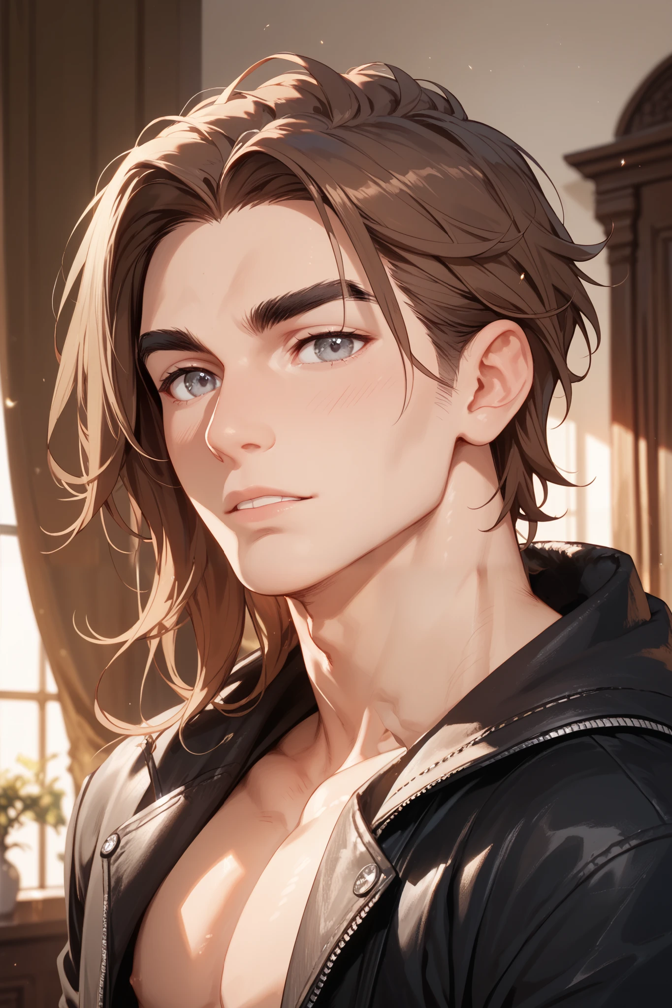  Paren,  long brown hair  до плеч,  grey eyes, thick black eyebrows,  long brown hair ,  without clothes,  man