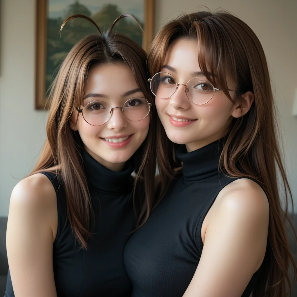 narunarusegawa, naru narusegawa, long hair, brown hair, antenna hair, realistic antenna hair, antenna hair looks like real hair, brown eyes, amazingly beautiful face, realistic japanese female face, light cosmetics, detailed face,
gothic girl outfit, black stockings, black skirt, sleeveless, black , turtleneck, sleeveless turtleneck, round glasses
indoors, perfect facial symmetry
looking at viewer, smiling, centered photo, UHD 16K RAW Photo, photorealistic, masterpiece, best quality