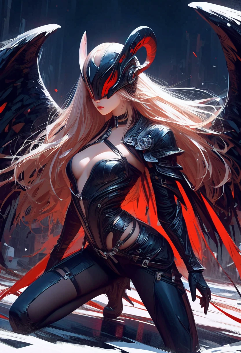 Black，chiaroscuro, Ray tracing, movie lighting, cowboy shooting, 8K, Yes, Super details, precise, best quality, Award-winning, Award-winning, A High resolution, masterpiece, high detail，guweiz on artstation pixiv, Popular topics on artstation pixiv, Detailed number concept art, author：Yang Jie, 2. 5D CGI anime fantasy artwork，ultra high definition，8K ，Realistic skin texture，chiaroscuro, Ray tracing, movie lighting, 8K, Yes, Super details, precise, best quality, Award-winning, Award-winning, A High resolution, masterpiece, high detail，in the snow，Clear，masterpiece， best quality， 8K， number， 1 girl， alone， stand up， hair accessories， Red eyes， Heartless expression， Bloodstained mechanical parts， electric wire， cable， failure effect， scary， Science fiction， futuristic， The background inside is darker， neon lights， cyberpunk characters， surreal， Strange， Disturbing， spine-chilling， scary， western metal，Red eyes，发Black，black long gloves，One-piece Pants，leggings，Highlight her graceful figure,Wrap the whole body and stand up，symbiont，（（Raised sexy）），Jumpsuits，Red eyes，Venom Possession，发Black，black long gloves，One-piece Pants，black one piece，Blood-red eyes，best quality, High resolution, super detailed, Vivid texture, mask, Bangs，wear socks，tears，Covered in black slime