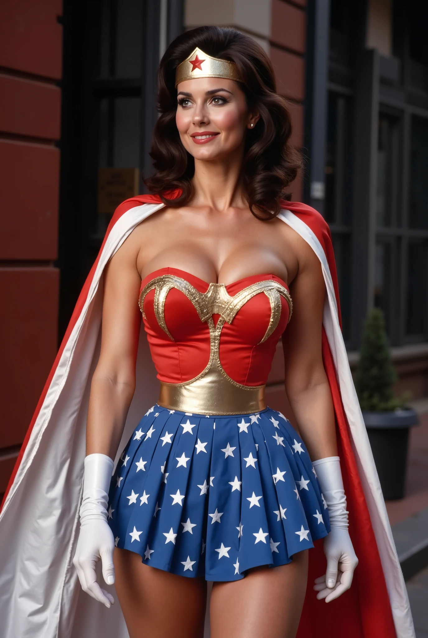 LYNDA CARTER AS WONDER WOMAN WEARING HER RED AND WHITE PATRIOTIC CAPE ATTACHED TO THE WONDER WOMAN COSTUME, AND A PLEATED BLUE PATRIOTIC SKIRT. ELBOW LENGTH WHITE SATIN OPERA GLOVES.