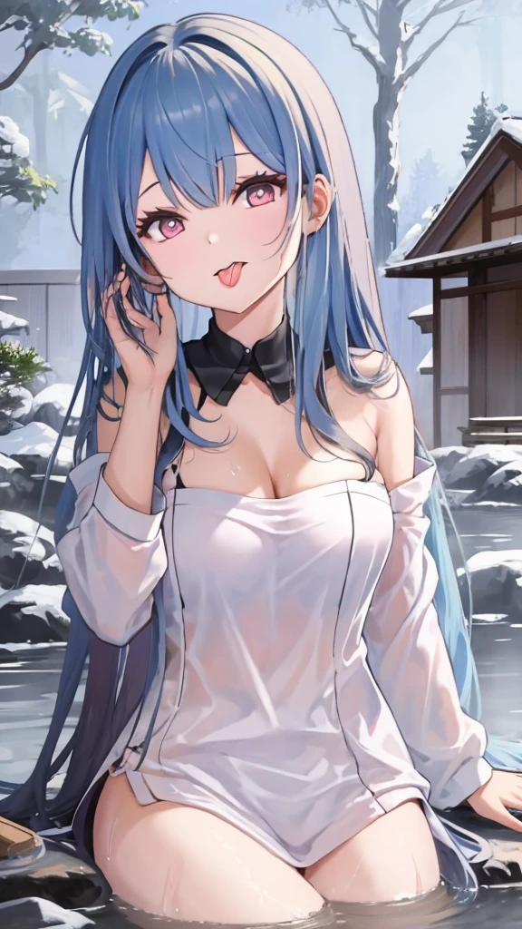 pretty,sexy,wind,button unbuttoned,lingerie,white hair,ponytail,blue clothes,Blue Eyes,Adult,busty,skirt