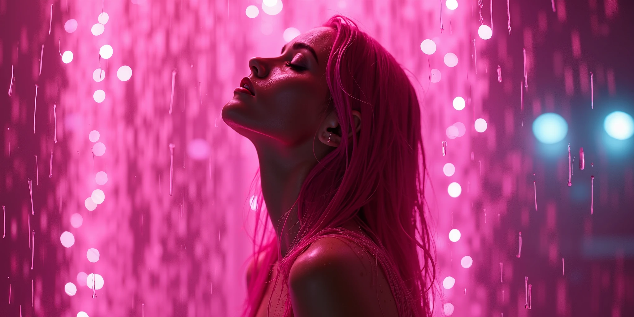 Woman with pink hair standing in front of a pink rain shower - SeaArt AI