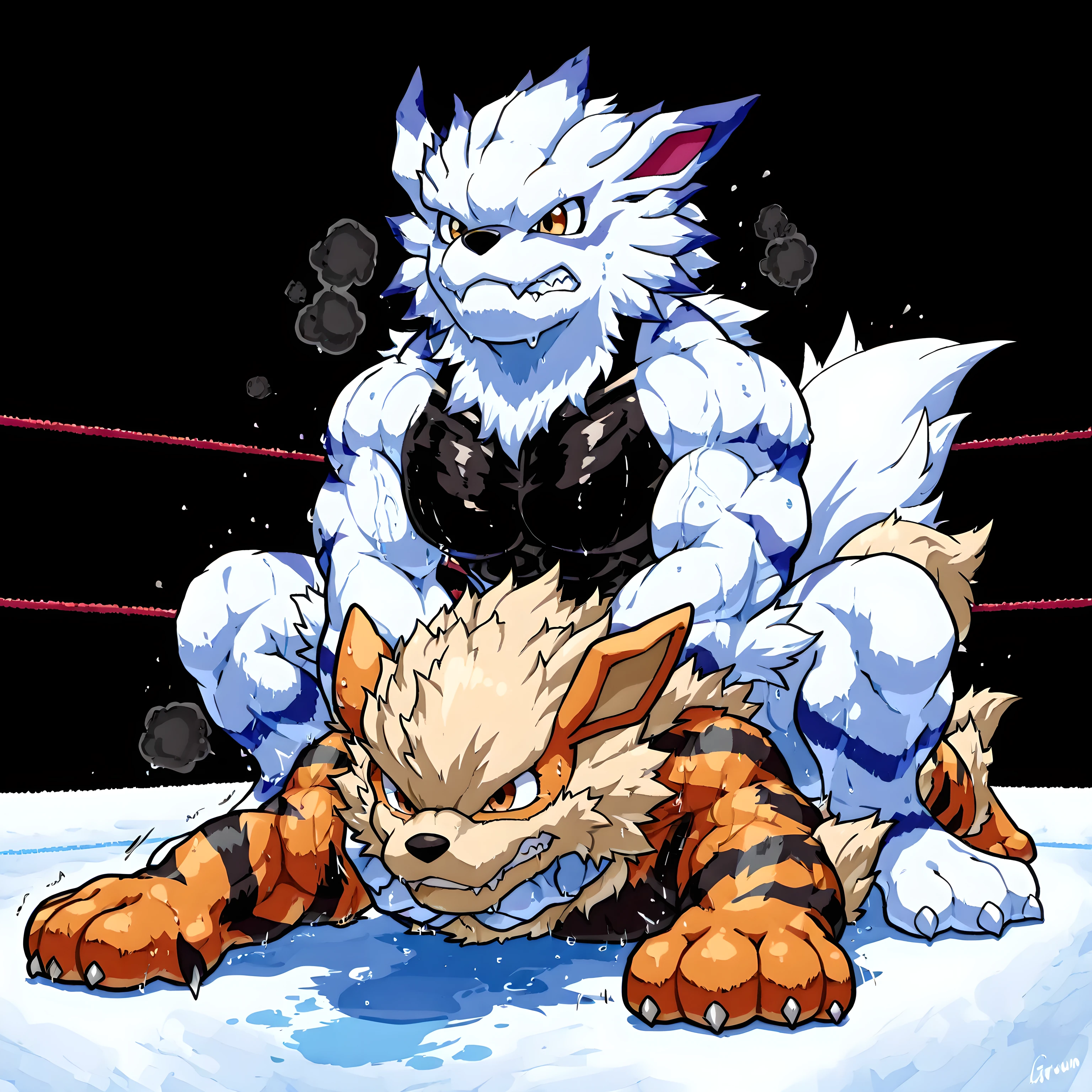 garurumon and arcanine, 4k ultra quality, 4k, masterpiece quality, garurumon, arcanine, wrestling, on stomach, squatting, strangling, hands on neck, fingers around throat, (sweaty, thick arms), muscular, male, two characters, bulging muscles, pained face, struggling,
