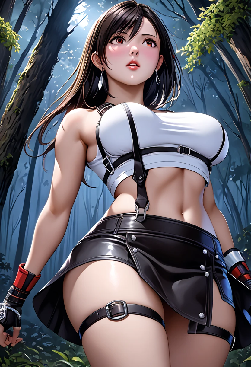 High resolution, photo-like drawing, beautiful girl spread her legs, 1 girl, solo, nipples, nice breasts, nice long legs, pussy, skirt, Tifa Lockhart, anus, white crop top, thighs knee socks, nipples, gloves, long hair, belly button, black hair, black skirt, fingerless gloves, suspender skirt, boots