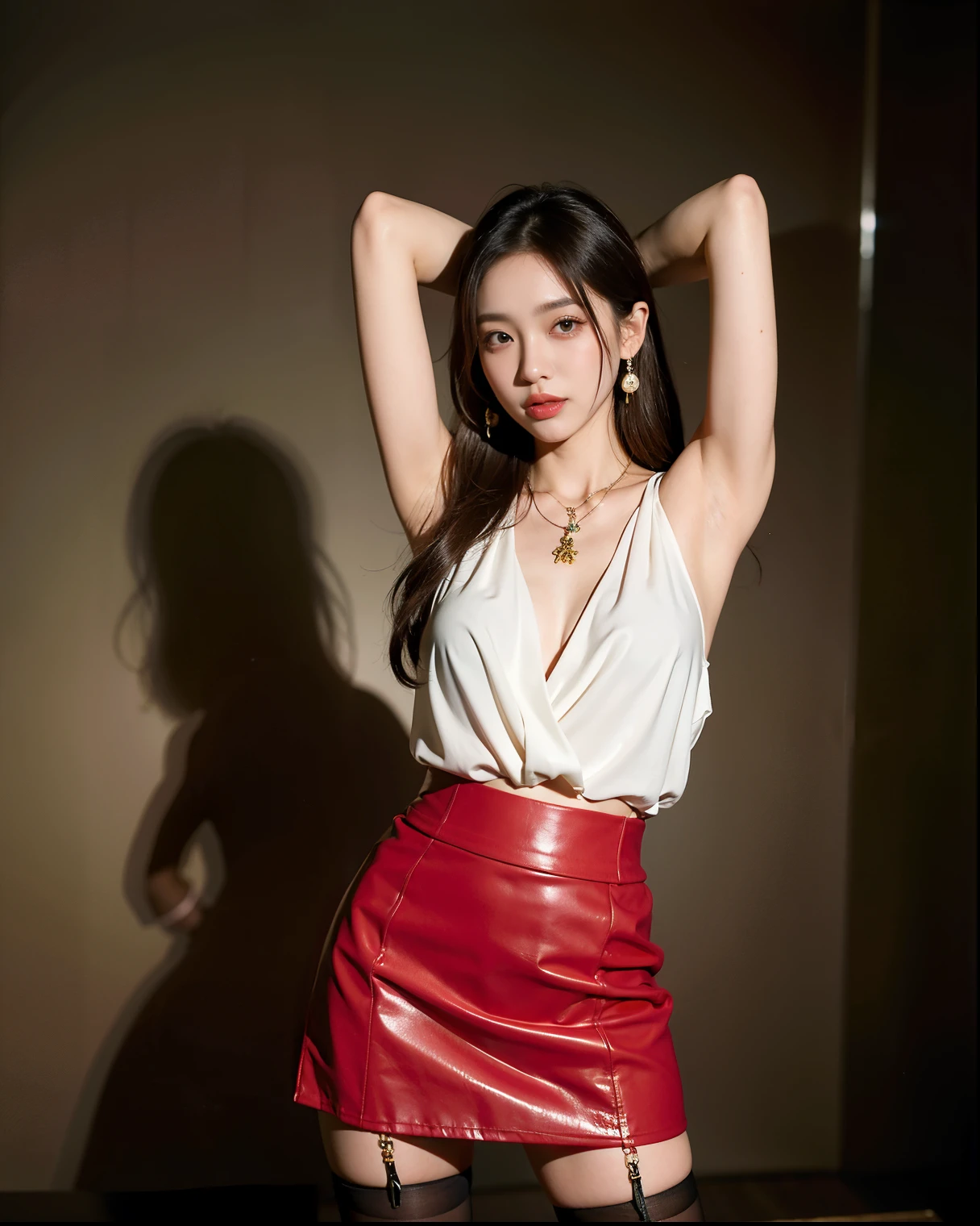 brown hair, White skin, actual, Long hair tied with a red bow, light brown eyes, red dress, 8K images,Raise your legs high,One word horse,miniskirt。