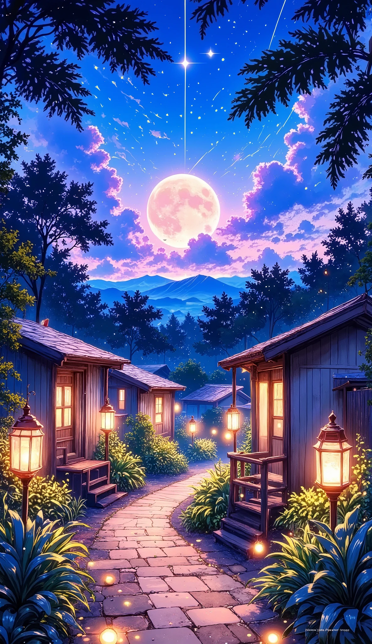A serene night scene in a small village. A paved path leads through a tropical-style neighborhood, lined with small, light-brown houses with warm-yellow light emanating from windows. Palm trees and various plants are visible along the path. The sky is filled with vibrant, colorful clouds and a luminous full moon. Shooting stars streak across the inky-blue night sky, adding a dynamic element. The colors are bright and saturated, creating a visually appealing and dreamlike atmosphere. The overall style evokes a Japanese-inspired anime or digital painting aesthetic. The houses are nestled together, with a slightly low-angle perspective. The path is the central focus, gently winding into the scene. Colors are vibrant blues, purples, and yellows, balanced with warm browns and greens. Lighting is soft, highlighting the houses and foliage. The scene is peaceful and evocative of a calm, magical night.