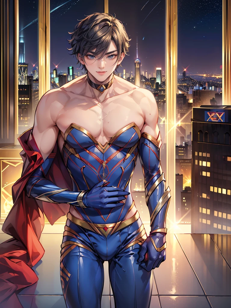 highest quality、Realistic、Young Man、zoom、Cobalt blue eyes、maroon short hair、Hero Suit、Glossy white bodysuit、Gold accents、slender、Dark Skin、Rooftop、smile、Bust Shot、