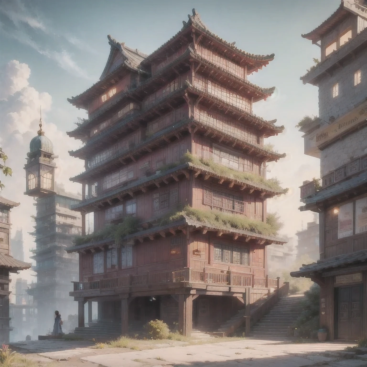 （（（watercolor））））landscape，buildings in a city with a pagoda in the middle of the city, cyberpunk chinese ancient castle, watercolor，stylized urban fantasy artwork, dreamy chinese town, concept art ， highly rendered, game art matte painting, matte painting 4k 8k, cinematic. by leng jun, in a tropical and dystopic city, 8k matte painting, 8 k matte painting，（（（watercolor）））