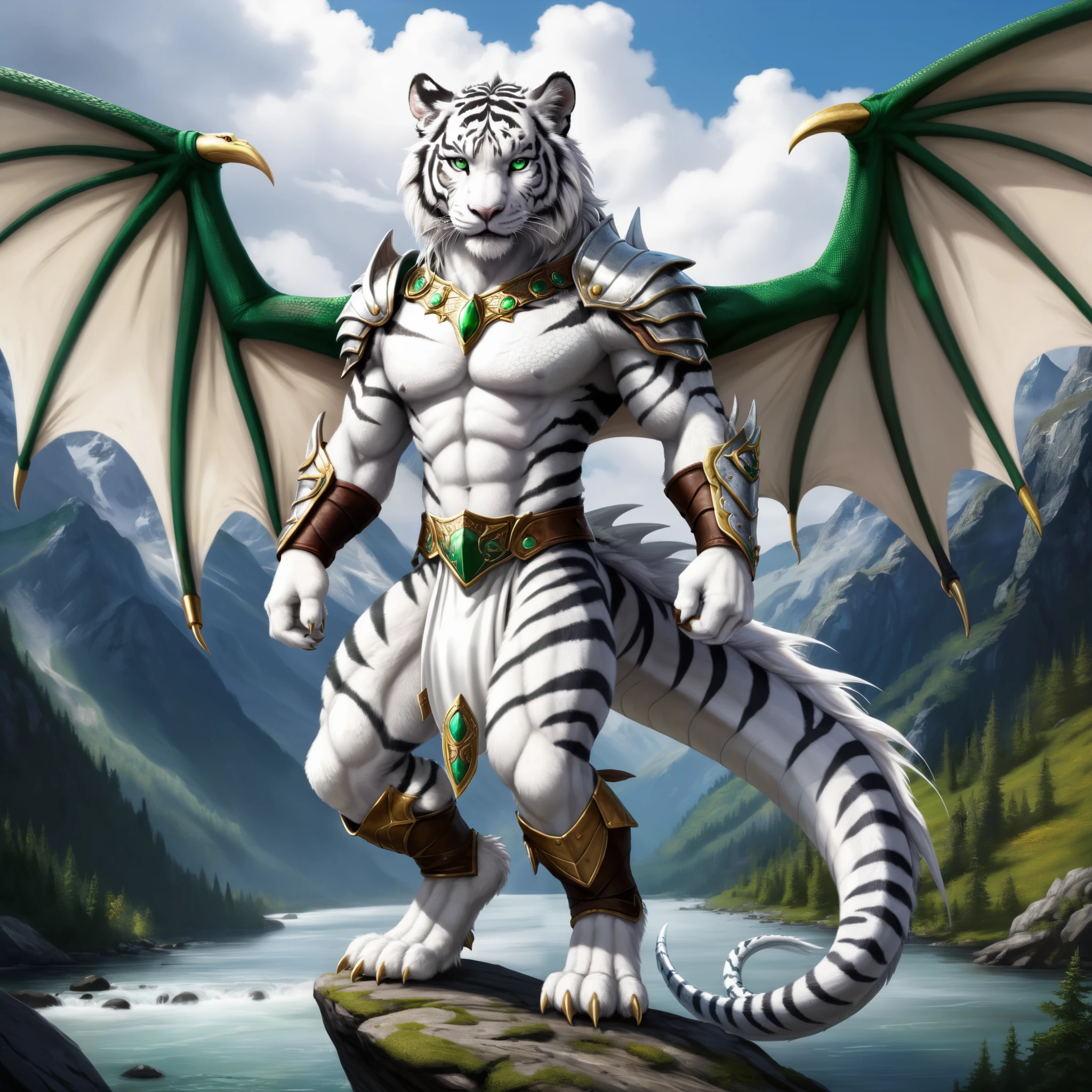 front view, (white cream tiger), well muscled, (very long dragon wings :1.5), stark bemuskelter Flügelarm mit white leopard-Mustern, 4 fingers with medium-length claws, green stripes on the body, 4 toes with long claws, loincloth, silver bracelet cuff, silver leg cuff, long wings, white tiger-tail, very detailed fur, in the high mountains, very high quality, High resolution , detailed background