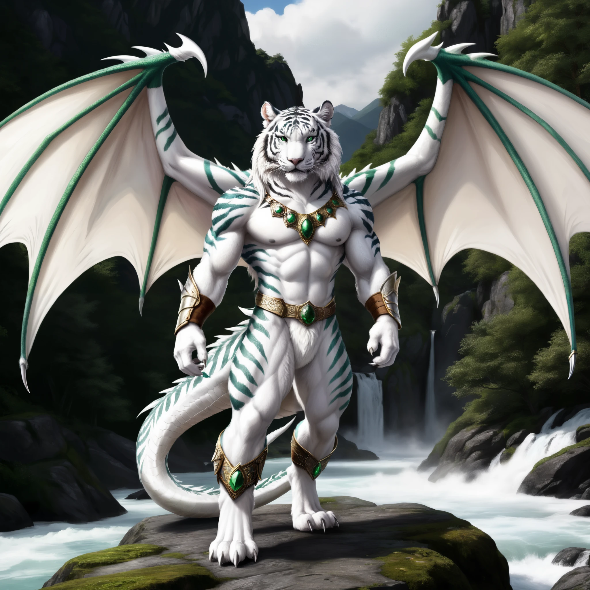 front view, (white cream tiger), well muscled, (very long dragon wings :1.5), stark bemuskelter Flügelarm mit white leopard-Mustern, 4 fingers with medium-length claws, green stripes on the body, 4 toes with long claws, loincloth, silver bracelet cuff, silver leg cuff, long wings, white tiger-tail, very detailed fur, in the high mountains, very high quality, High resolution , detailed background
