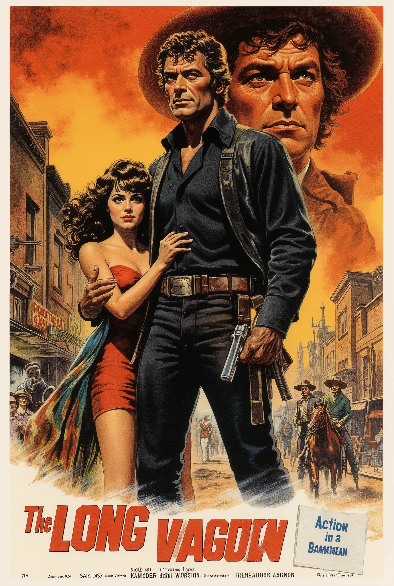 vintage movie poster, for “THE LONG HARD GUN" (show title, classic font, reminiscent of 1960s cowboy, western, action film posters), rugged gaunt gunfighter in the middle of the street of a southwestern town, dressed in mostly black, a beautiful Mexican girl hanging on to his left arm, in the background stands his rival, key art, retro western, action vibe, torn cover, old paper, magazine cover, detailed, intricate, European fumetto vibe, warm tones, James Bama, Jim Steranko, Frank Frazetta, Robert McGinnis, Mort Künstler, Renato Casaro, classic action comic book aesthetic, Warren Magazine style art, 60s 70s vibe, wide cinematic shot, dramatic side lighting, chiaroscuro, harmonious color palette, dramatic action mood, bold colors, Technicolor style, dramatic compositions, exaggerated expressions, reminiscent of Italian spaghetti westerns, mythic larger than life characters, morally ambivalent, southwestern landscape, style of Sergio Leone or Sam Peckinpah, montage style background showing other characters and locations in the film, title at top, credits at the bottom