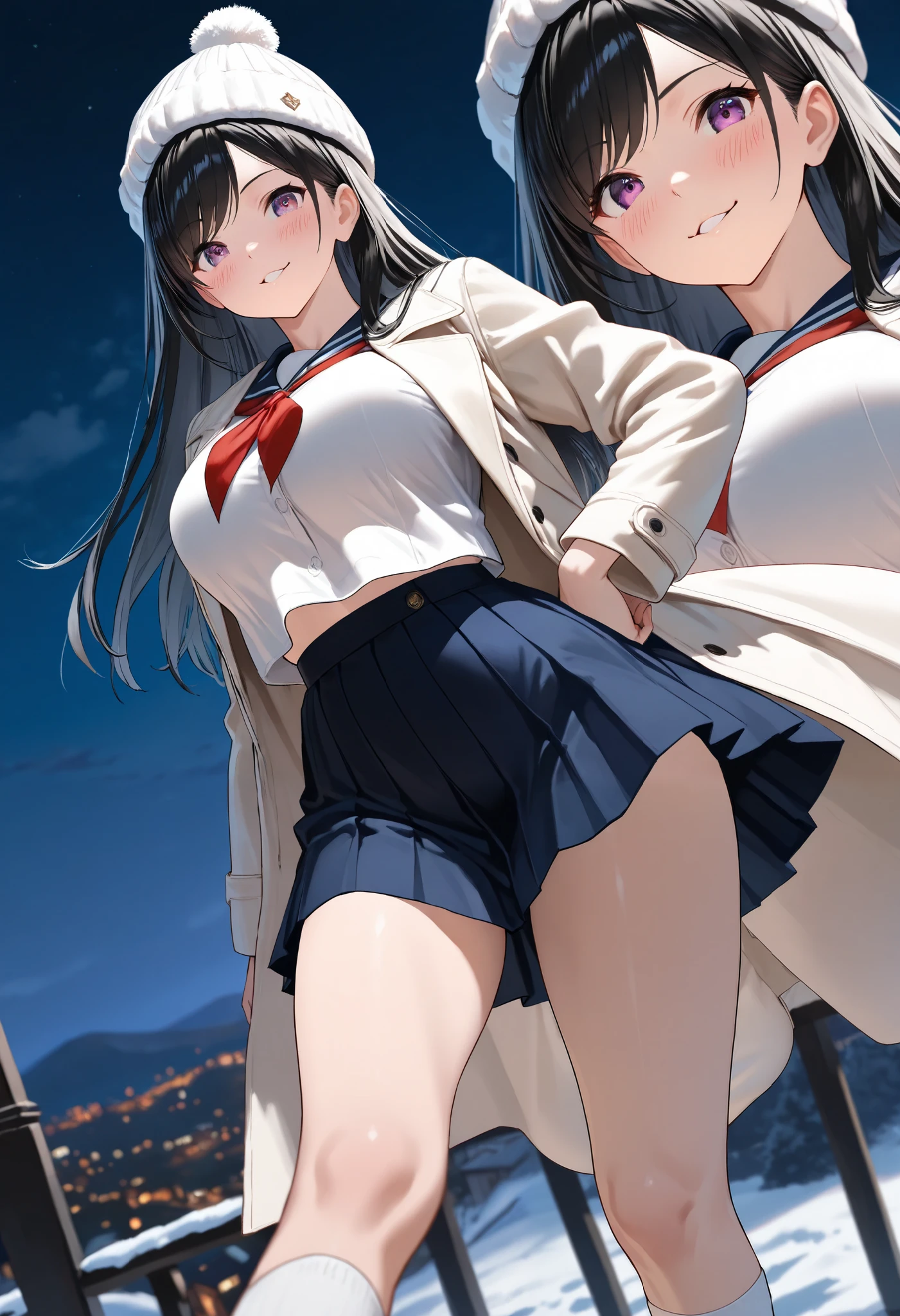 NSFW, masterpiece, (realistic, photo realistic:1.2), ((highest quality), extremely fine and beautiful, beautiful face details, real human skin, realistic, photorealistic, 2girls、smile on face, cow-boy shot. School uniforms, shirt with collar, necktie, huge long breasts, tiny breasts, Naughty thighs, White shirt, Open shirt, White underwear, fingering, female masturbation, (wind, wind lift., Skirt lifted by the wind, Skirt rolled up by the wind, Skirt flutters:1.5), (Fully exposed panties:1.5), (white ribbed panties:1.5), (standing a:1.7)