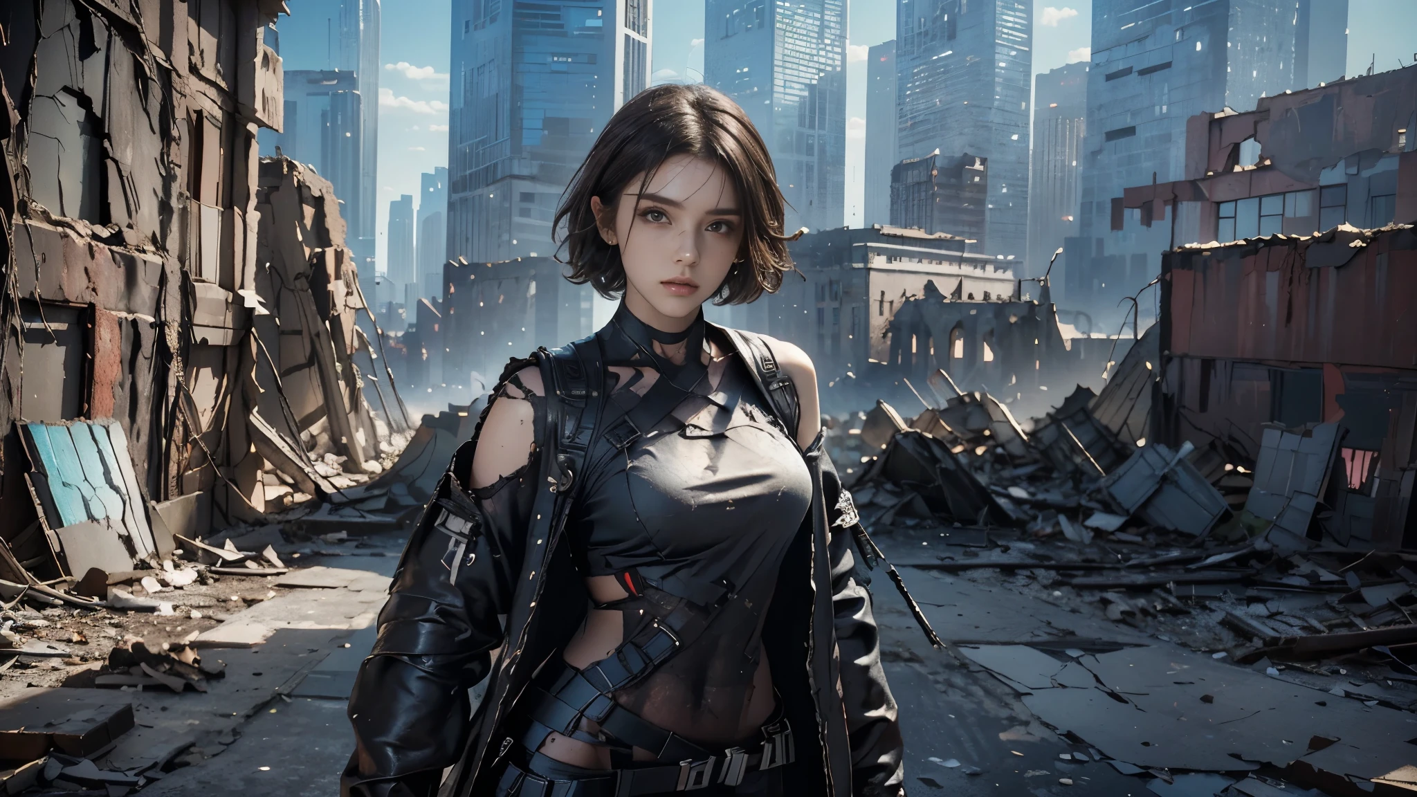 masterpiece, high resolution, 8,000,( Portrait Photos:1.5),(R Original Photo),Reality,Digital Photography,(Ruins of the Apocalypse ),City ruins, Ruined Buildings,Urban Battlefield ,A beautiful 20 year old woman standing alone, short hair,Shut up, post-apocalyptic scene , Upper body photography , broken armor,Full figure