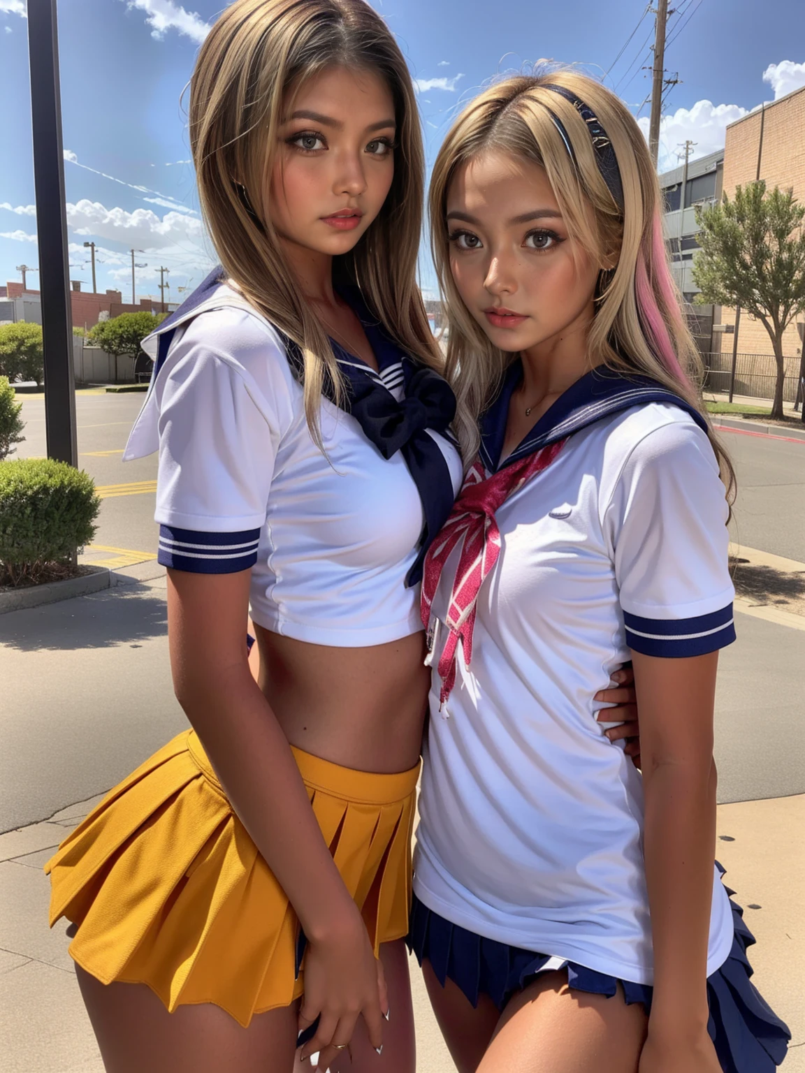 ((Two people high school girl:2)),((Two people:2)),Dynamic Angle, Perfect body, night,moonlight,Exterior lights,Gal, (Anatomically correct:1.5),masterpiece, Highest quality, RAW Photos, Realistic, face,, Beautiful girls, cute, Written boundary depth, High resolution, Super detailed, detailed, ighly detailedd, Extremely detailed eye and realistic student, pale, Sunburned skin,Two peopleで,woman,(panties), (Short-sleeved sailor uniform:1.2),Spread your legs,Wide Hips, ((Sensual;1.5)), Glamour, Big Breasts,Sunburn marks on Sunburned skin,Pink Hair,blonde,Platinum Hair,Brown Hair,orange,Wavy Hair,Shortcuts,Pixie Cut,Cosplay,building,intersection,stage,Pedestrian bridge,vending machine,night,深night,Blurred Background:1.2,White panties,Pink panties,Yellow panties,Black panties,GirlTwo people,Two people high school girl,