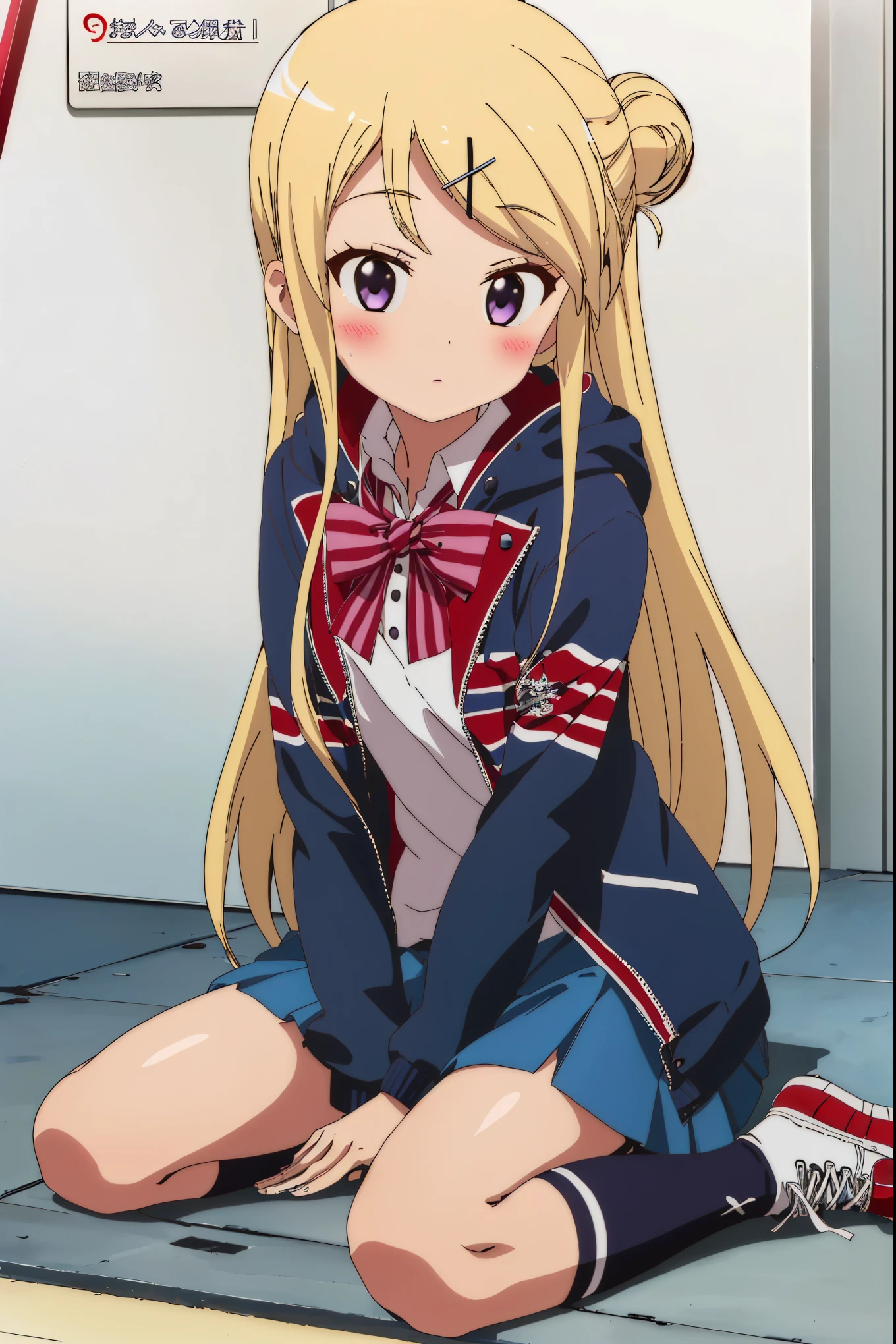 1girl, solo, long hair, blush, skirt, blonde hair, hair ornament, bow, sitting, school uniform, purple eyes, shoes, socks, hairclip, hair bun, kneehighs,single hair bun, x hair ornament, sneakers, union jack, kujou karen,