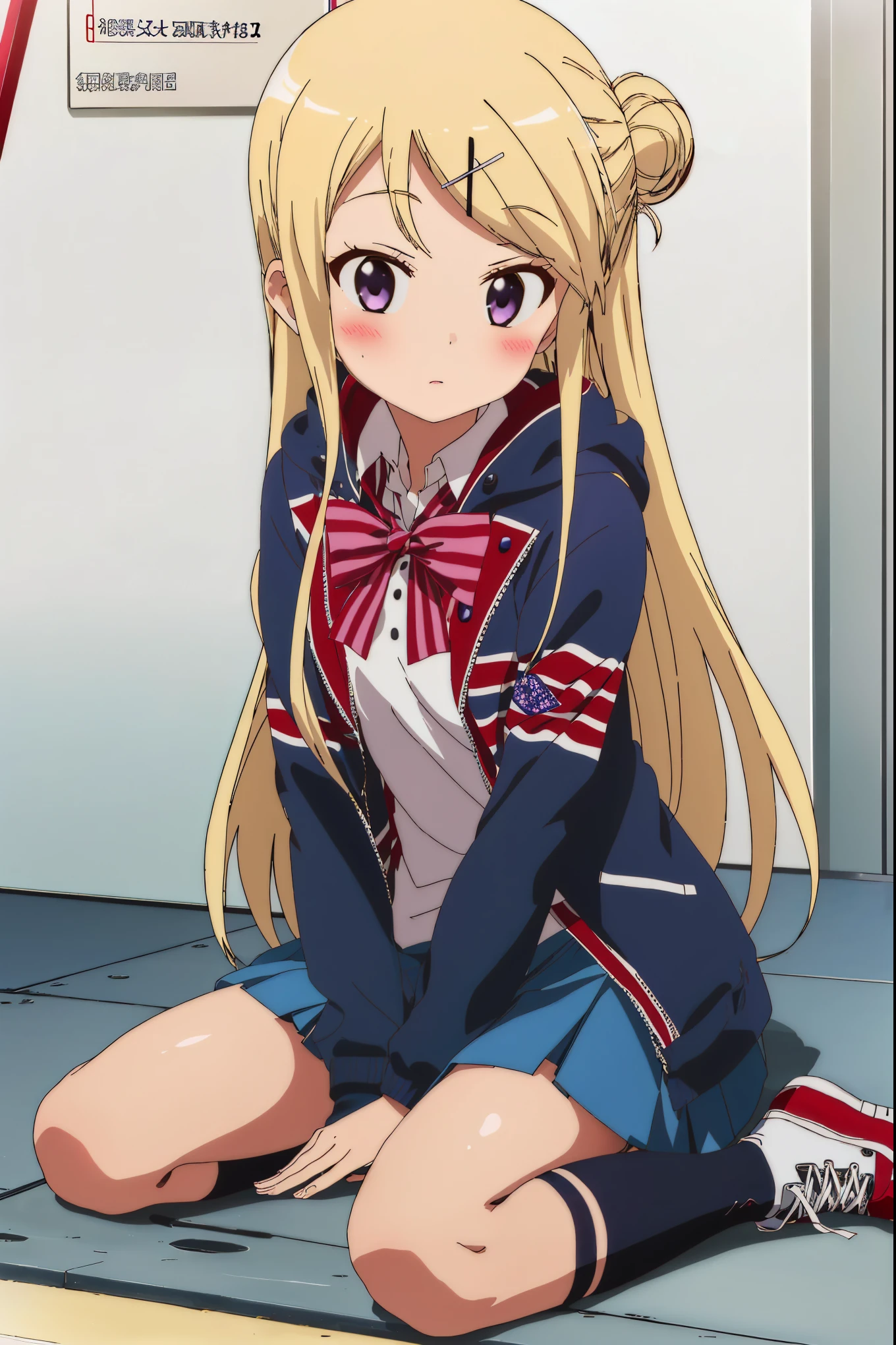 1girl, solo, long hair, blush, skirt, blonde hair, hair ornament, bow, sitting, school uniform, purple eyes, shoes, socks, hairclip, hair bun, kneehighs,single hair bun, x hair ornament, sneakers, union jack, kujou karen,