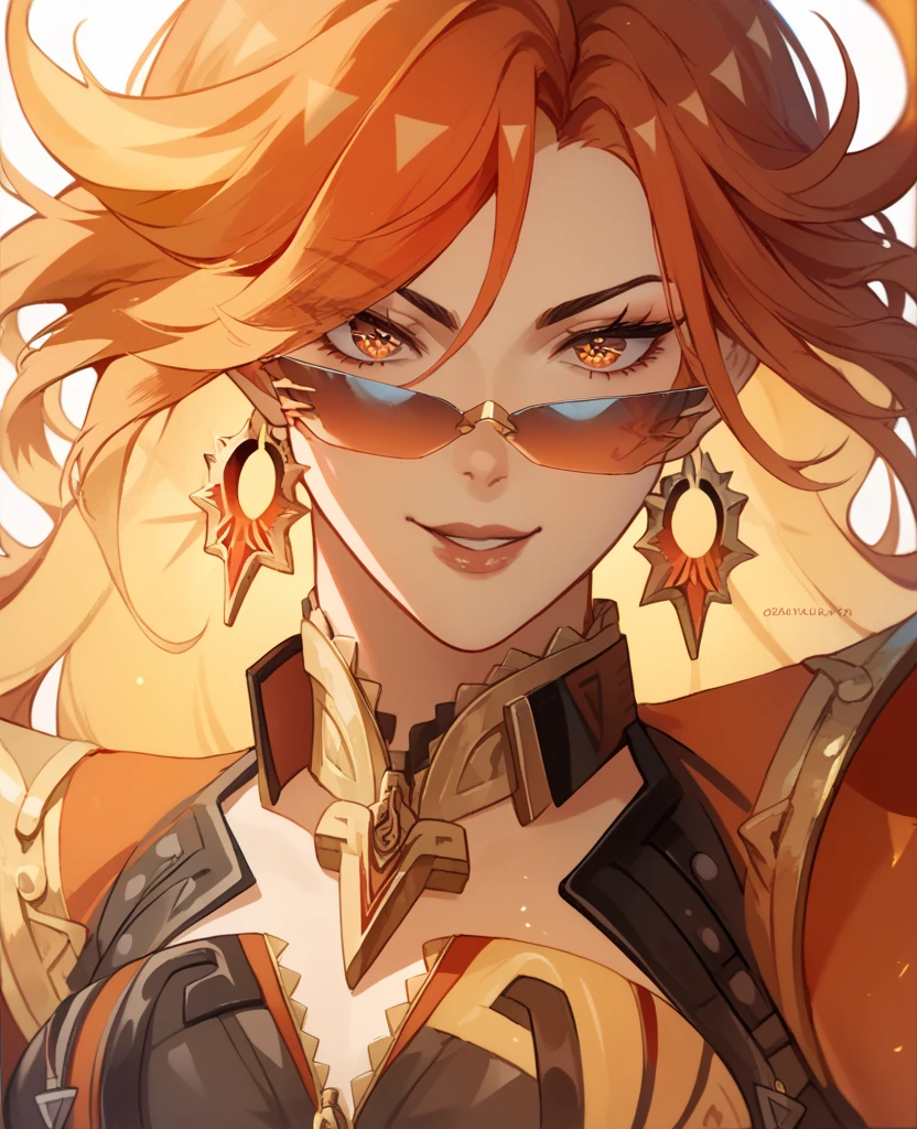 score_9,score_8_up,core_7_up, <lora:mavuika_genshin_impact_pdxl_goofy:1>mavuika-gi, 1girl, jewelry, solo, cleavage, earrings, looking at viewer, gloves, long hair, tinted eyewear , open mouth, smile, black gloves, bangs, sunglasses, multicolored hair, teeth,black background