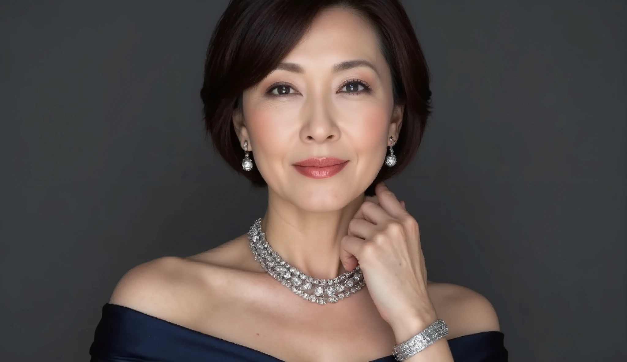 ( mature woman, 48 years old, Japanese, masterpiece, top quality , high res, by Nomi:1.37, sharp concentration:1.4, Unmatched Beauty Live Venue , Ultimate beauty), close-up, fine laugh lines:1.2, Understated Matte Natural Makeup , Deep Rose Lip , Sophisticated Short Bob , Navy Blue Off Shoulder Dress , Slimline , adult appeal , cool expression , ** Sparkling Diamond Choker Necklace, Oversized Diamond Stud Earrings , Silver Bracelet **, fashion catalog style , Simple dark grey background