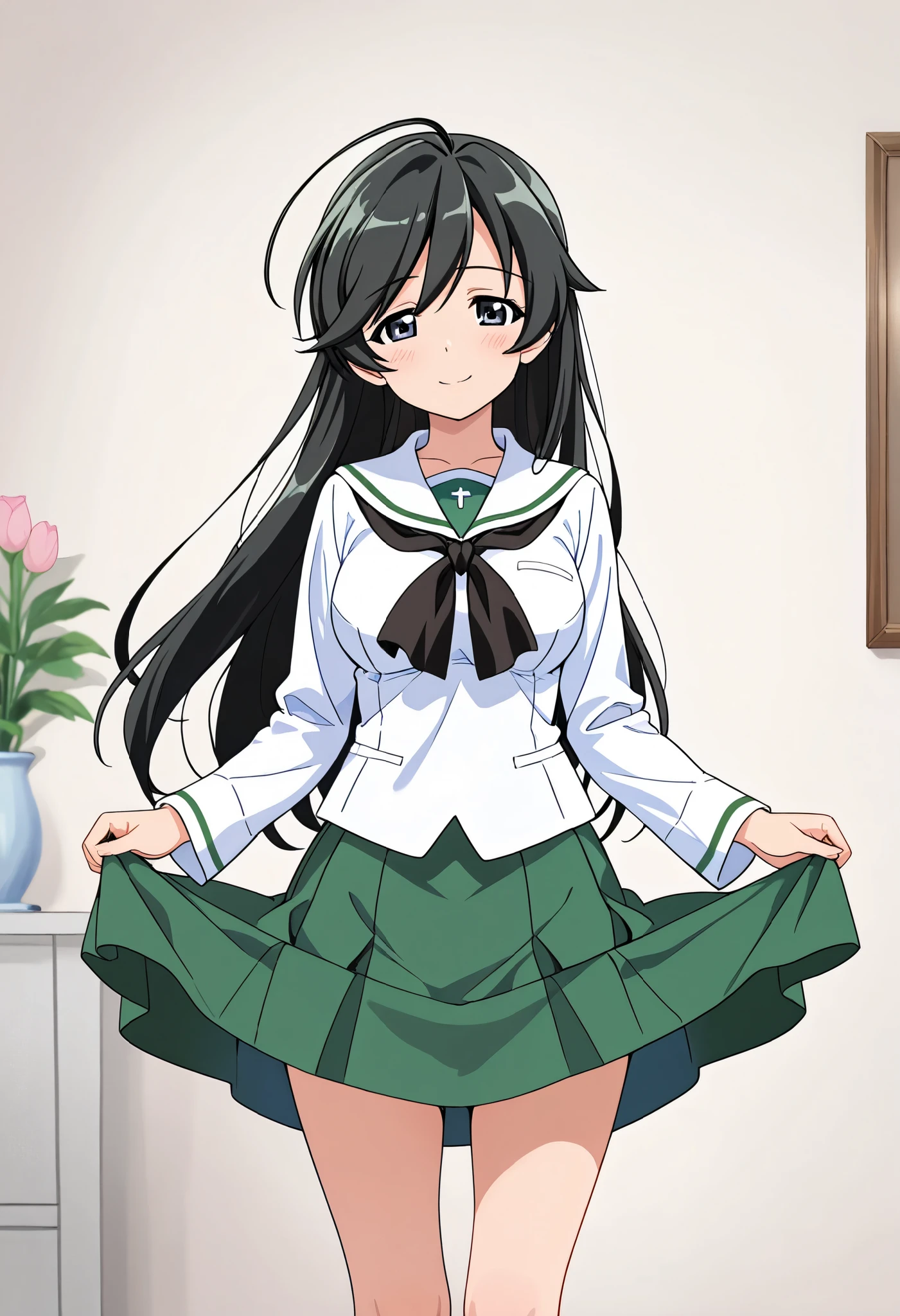 high res, top quality, Super Quality 、 shot from the front 、 smiles on the vase、 Super High Definition、Standing、 one girl、solo, Isuzu Hana , black hair, long hair, stupid hair, black eyes , Oarai school uniform ,White sailor collar, black neckerchief , white shirt, Long Sleeve , Green Skirt , Black Sox, Skirt Hold 、smile
