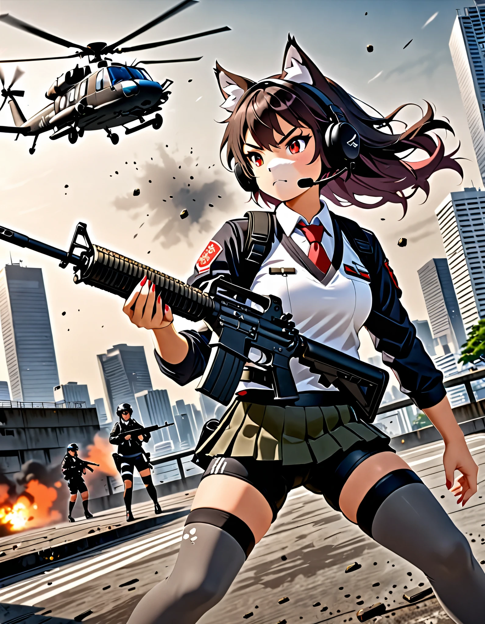 masterpiece, best quality, high res, high details, 4k, 8k, solo focus, 1girl, female samurai, Japanese military officer, (catgirl:0.9, furry ears:1.3), college-aged female, long hair, black hair, tactical headset, hair ornament, white-collared shirt, red necktie, shoulder holster, (full dark grey leggings), (pleated skirt:1.3, biker shorts:1.4), (high heels), ((using an m16 rifle series)), aggressive battle stance, Tokyo skyline, wharf, (a military helicopter hovering above:1.2), concrete ground riddle with bullet holes, dutch angle, intense atmosphere, intense expressive. Action shot.
