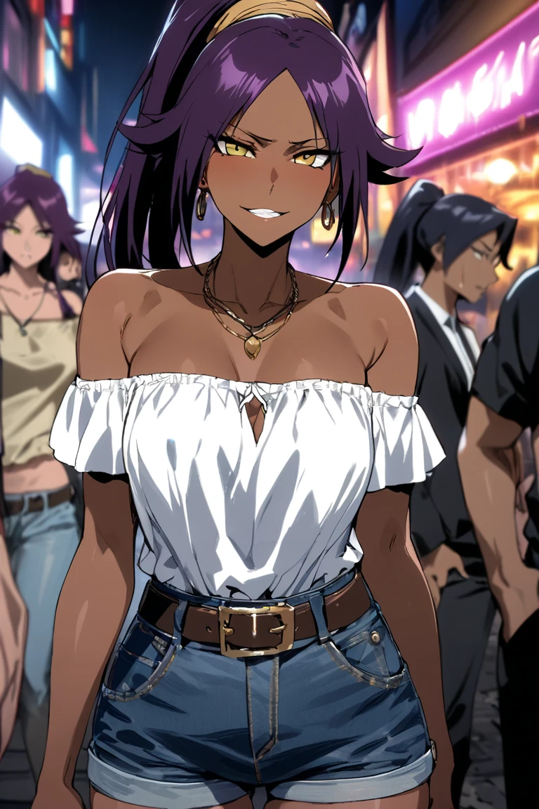 masterpiece, Highest quality, High resolution, Long Hair, blonde, Braiding, Red eyes, Earrings, Kogaru Gal, jewelry, hair ornaments, bracelet, (Sunburn), (Compensate), Polished nails, Long nails, Saggy breasts, Huge breasts, Dress shirt, Shorts, Bra Peek, Purple leopard print, Dark Skin, 🤩, Hands on hips