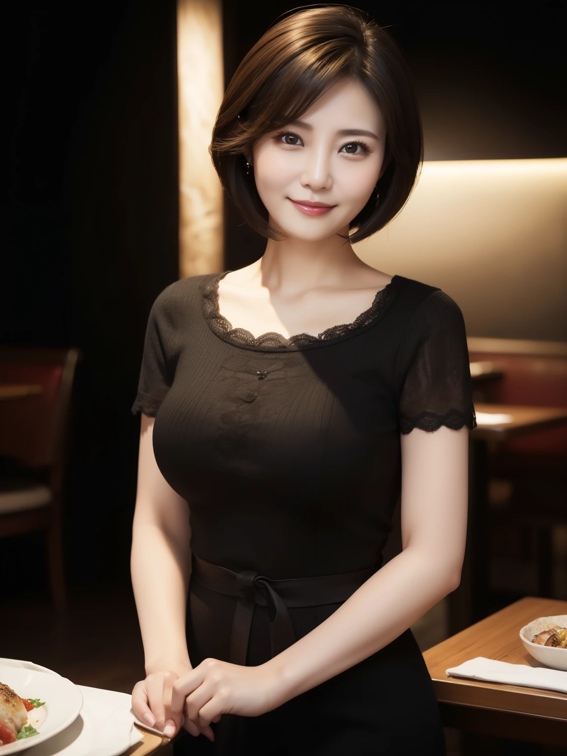 (highest quality, 8k, 32k, masterpiece, Ultra-high resolution:1.2),Beautiful Japanese Women Photos, （Standard body type）、（D cup breasts:1.4), Very short bob hair,Full body photo,（Black formal ruffle blouse：1.4）,（Pearl Necklace:1.4), （The war room with a large bookshelf in the background:1.3), （She is looking at the audience：1.2）、（A kind smile：1.3）、