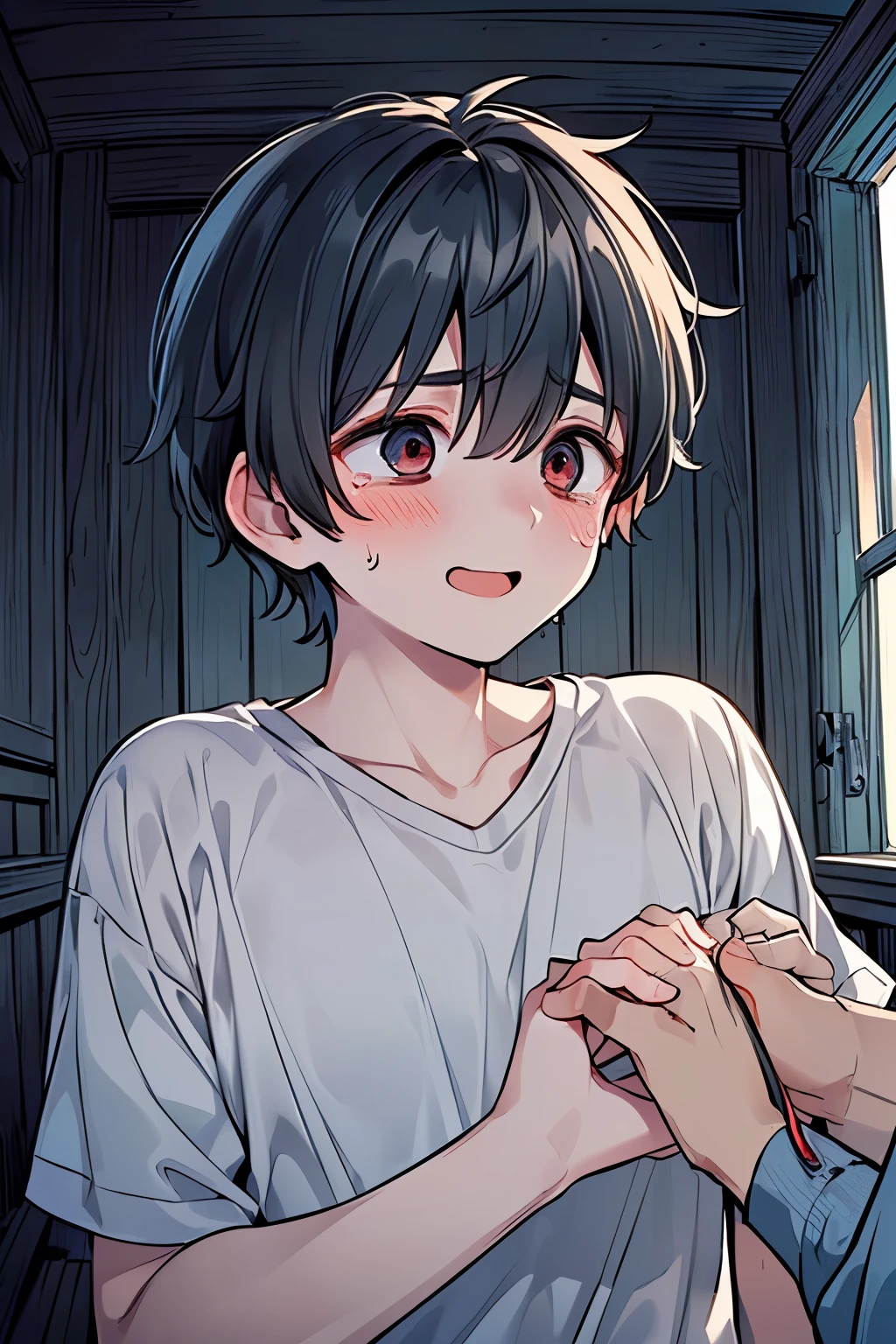 ((boy :1.3)),((handsome:1.2)),(( Adult Men:1.15)),(short hair:1.0),(Karl hair:1.1),(Black hair:1.15),((dark skin body:1.0)),(Shameless:1.0),((Teary-eyed:1.15)),(I'm scared and shivering:1.2),(( inappropriate smile:1.1)),((looking away:1.3)),((eyes out of focus:1.1)),((dark circles:1.3)),((abandoned house:1.2)),((open mouth:1.1)),((Many hands are touching the body:1.3)),