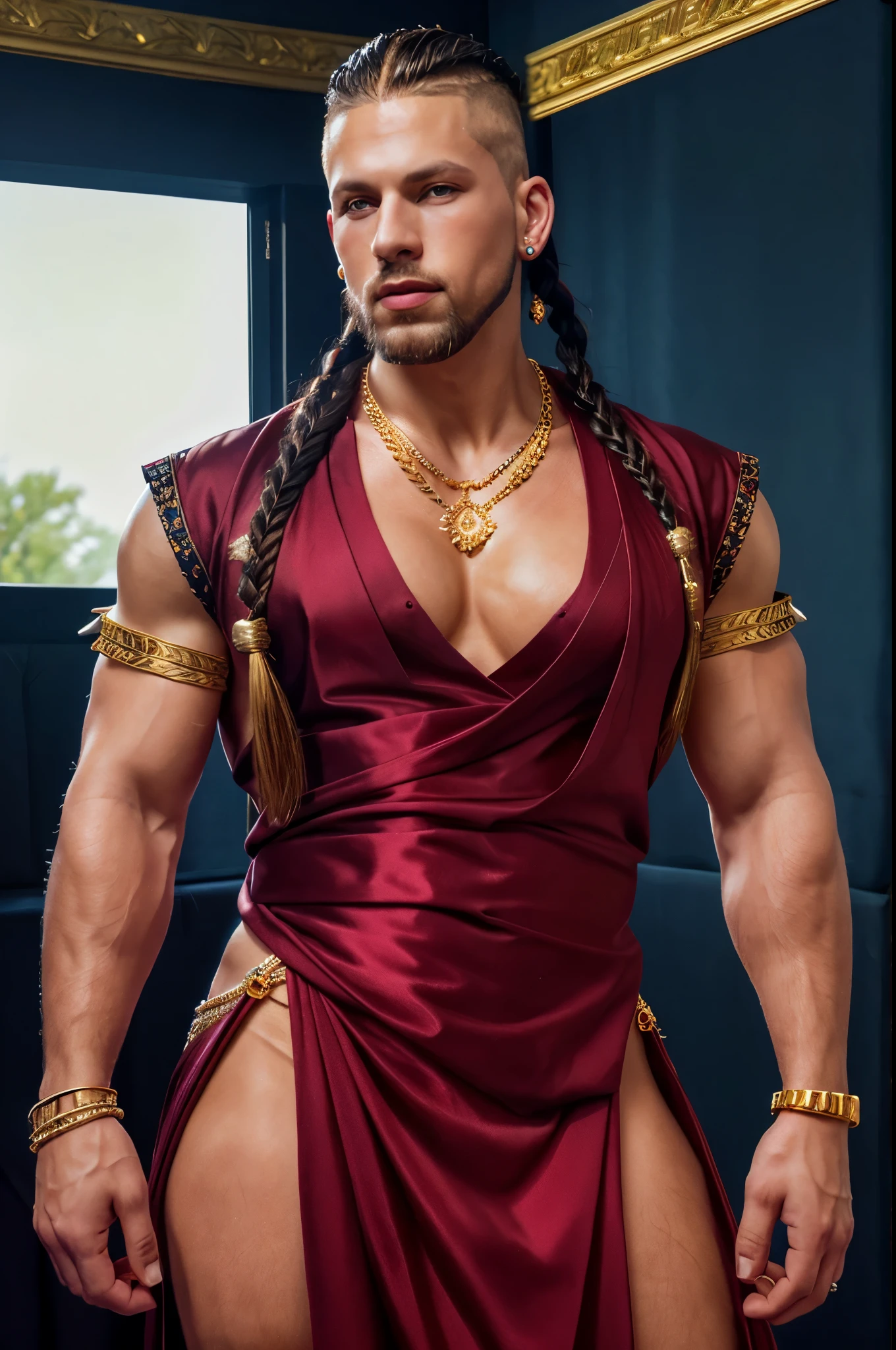 Tall, handsome, strong, muscular man with dark complexion, long red hair, wearing a king’s sleeveless shirt, sand-colored wool cut pants, crown with rubies and sapphires, gold and platinum wrists bracelets,arms and ankles, wearing leather sandals with a sword and shield