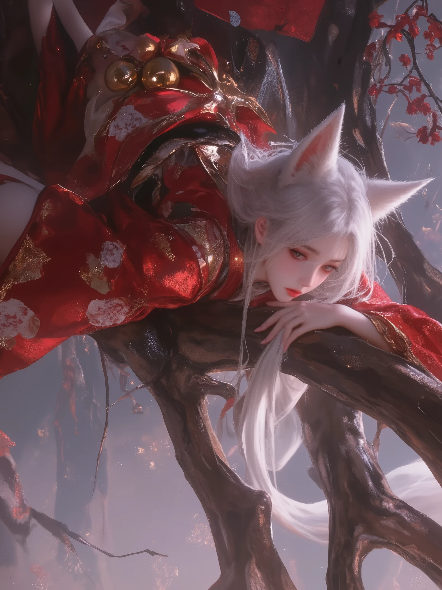 1girl,solo, Close up A white kitsune woman sprawled (dynamic pose 1:1) on a tree branch. The kitsune wears a red kimono with gold and white details, red rose prints, long and wide sleeves, Japanese slippers, short white socks, golden bell balls on her head. The woman has an ethereal beauty, with long flowing white hair, fox ears, golden eyes, red shadow on her eyelids, bored expression, looking to the side, red makeup, full lips, kitsune theme, japanese culture,
(artist:quasarcake:0.8),extreme aesthetic, ta aesthetic, (wlop:0.6),honjou honjou raita,lack,rella,wanke,raita,masterpiece,best quality,good quality, very aesthetic,absurdres,Visual impact,A shot with tension,Dynamic angle,High Angle,ultra-high resolution,32K UHD,sharp focus,best-quality,masterpiece,Emotionalization,unconventional supreme masterpiece,masterful details,temperate atmosphere,with a high-end texture,in the style of fashion photography, kimono style (Visual impact:1.2),giving the poster a dynamic and visually striking appearance,impactful picture,
offcial art,colorful,movie perspective,masterpiece,best quality,amazing quality,very aesthetic, japanese aesthetic, absurdres,best quality,newest,dynamic_angle,cinematic_angle,dutch angle,(Side Angle, Low Angle),foreshortening