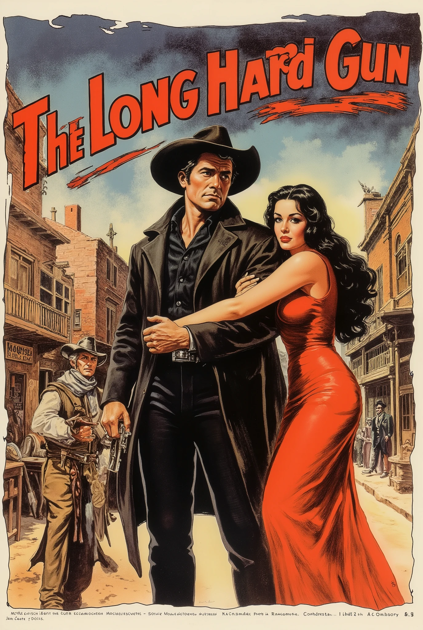 vintage movie poster, for “THE LONG HARD GUN" (show title, classic font, a bold, serif font, a stylized Western font, a font with a vintage feel, of 1960s cowboy, western, action film posters), rugged gaunt gunfighter in the middle of the street of a southwestern town, dressed in mostly black, he is handsome in a rugged way, a beautiful Mexican girl hanging on to his left arm, long flowing black hair and red dress, in the background stands his rival who resembles Jack Palance, key art, retro western, action vibe, torn cover, old paper, magazine cover, detailed, intricate, European fumetto vibe, warm tones, James Bama, Jim Steranko, Frank Frazetta, Renato Casaro, classic action comic book aesthetic, Warren Magazine style art, 60s 70s vibe, wide cinematic shot, dramatic side lighting, chiaroscuro, harmonious color palette, dramatic action mood, bold colors, Technicolor style, dramatic compositions, exaggerated expressions, reminiscent of Italian spaghetti westerns, mythic larger than life characters, morally ambivalent, southwestern landscape, style of Sergio Leone or Sam Peckinpah, montage style background showing other characters and locations in the film, title at top, credits at the bottom