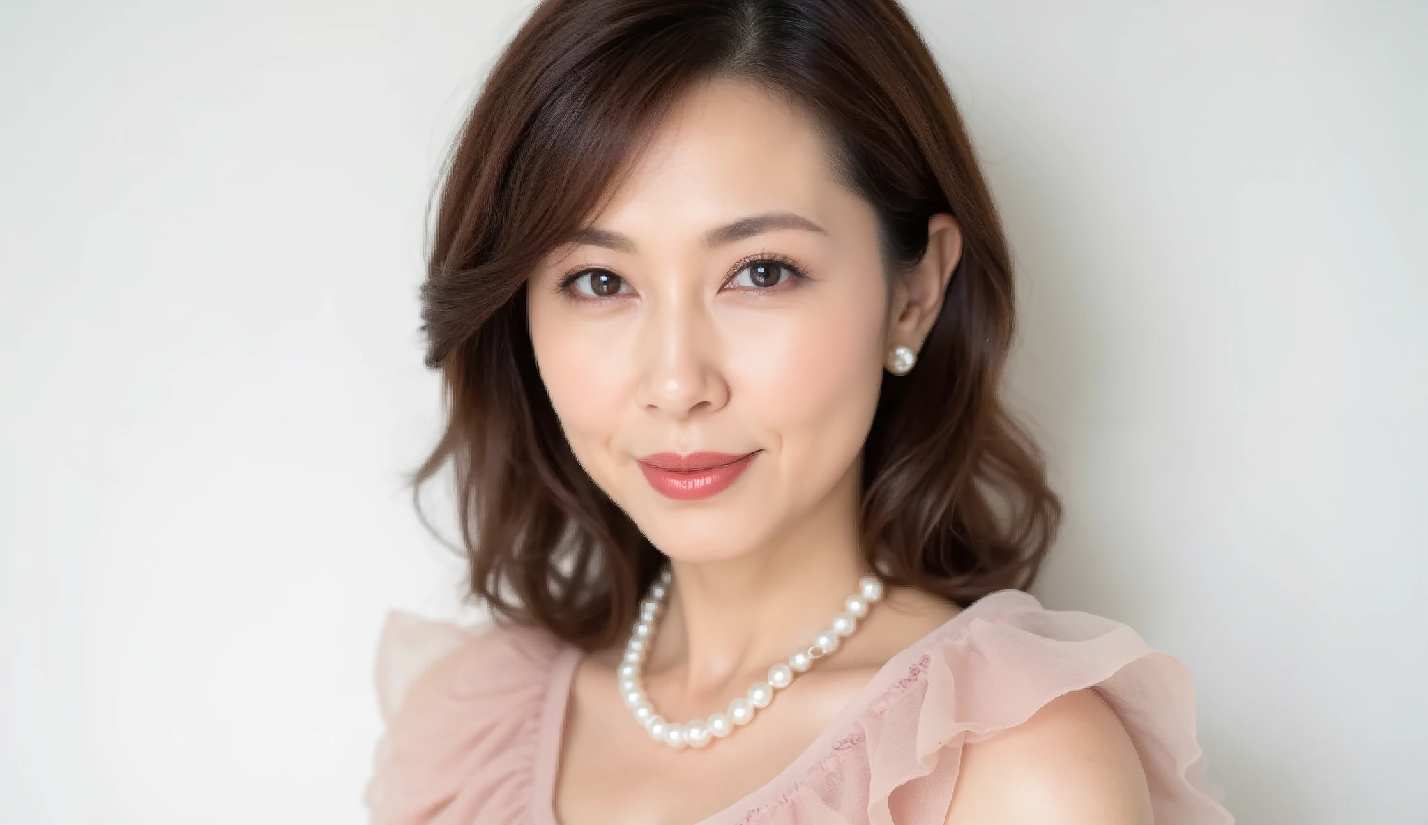 ( mature woman, 48 years old, Japanese, masterpiece, top quality , high res, by Nomi:1.37, sharp concentration:1.4, Unmatched Beauty Live Venue , Ultimate beauty), close-up, fine laugh lines:1.2, Slightly Scarlet Natural Makeup , Gentle Pin Clip , Medium Hair with Fluffy Curls , Elegant Pastel Pink Ruffle Dress, Soft chiffon material , feminine silhouette , Gentle Graceful Smile , ** Elegant Pearl Necklace , large pearl earrings , Delicate Pearl Bracelet **, fashion catalog style , simple white background