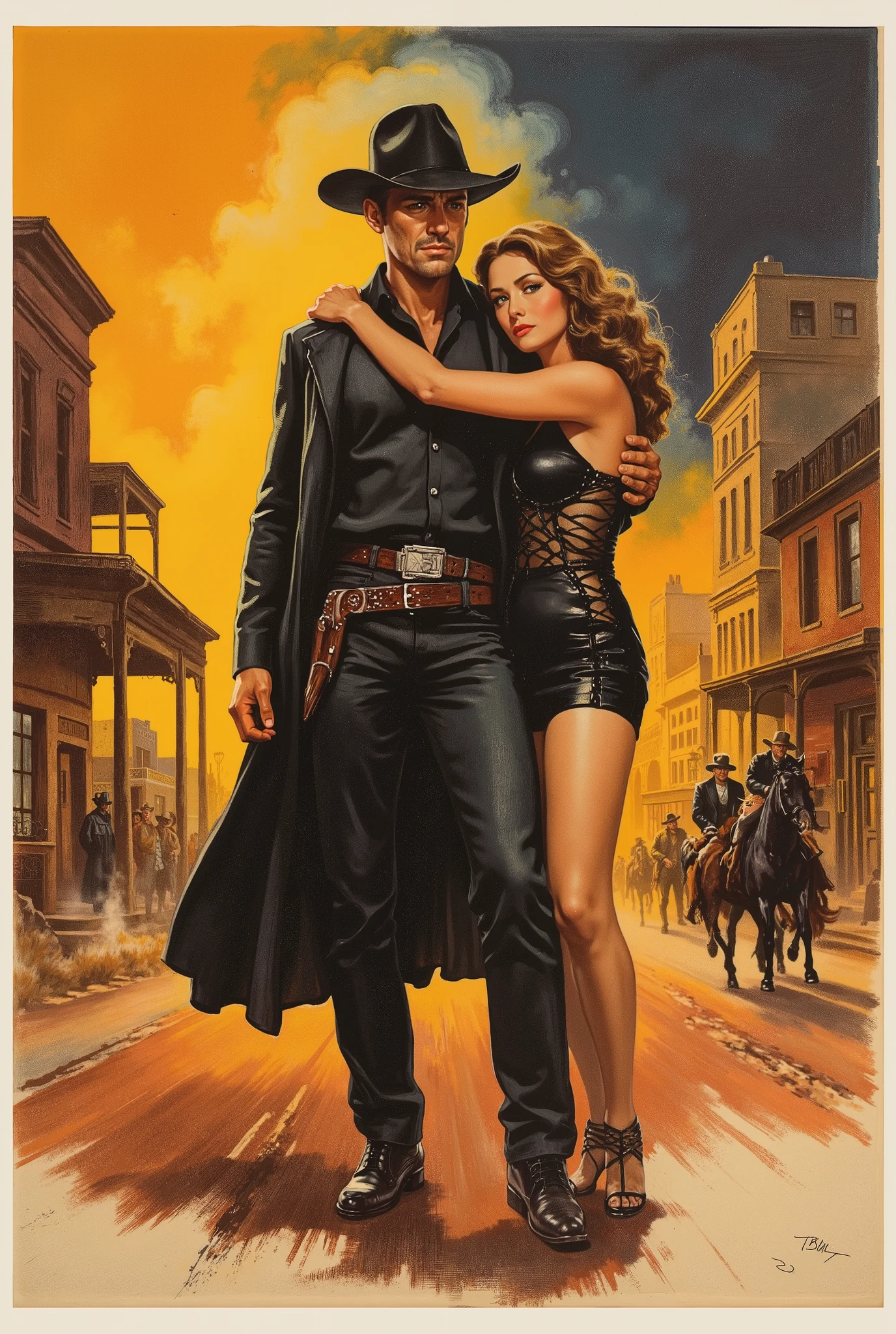 vintage painted movie poster, for “THE LONG HARD GUN" (show title, A classic serif font, reminiscent of 1960s cowboy, western film posters), rugged gaunt gunfighter in the middle of the street of a southwestern town, dressed in mostly black, a beautiful Mexican girl hanging on to his left arm, in the background stands his rival, key art, retro western, action vibe, torn cover, old paper, magazine cover, detailed, intricate, European fumetto vibe, warm tones, James Bama, Jim Steranko, Frank Frazetta, Robert McGinnis, Mort Künstler, Renato Casaro, classic action comic book aesthetic, Warren Magazine style art, 60s 70s vibe, wide cinematic shot, dramatic side lighting, chiaroscuro, harmonious color palette, dramatic action mood, bold colors, Technicolor style, dramatic compositions, exaggerated expressions, reminiscent of Italian spaghetti westerns, mythic larger than life characters, morally ambivalent, southwestern landscape, style of Sergio Leone or Sam Peckinpah, montage style background showing other characters and locations in the film, title at top, credits at the bottom