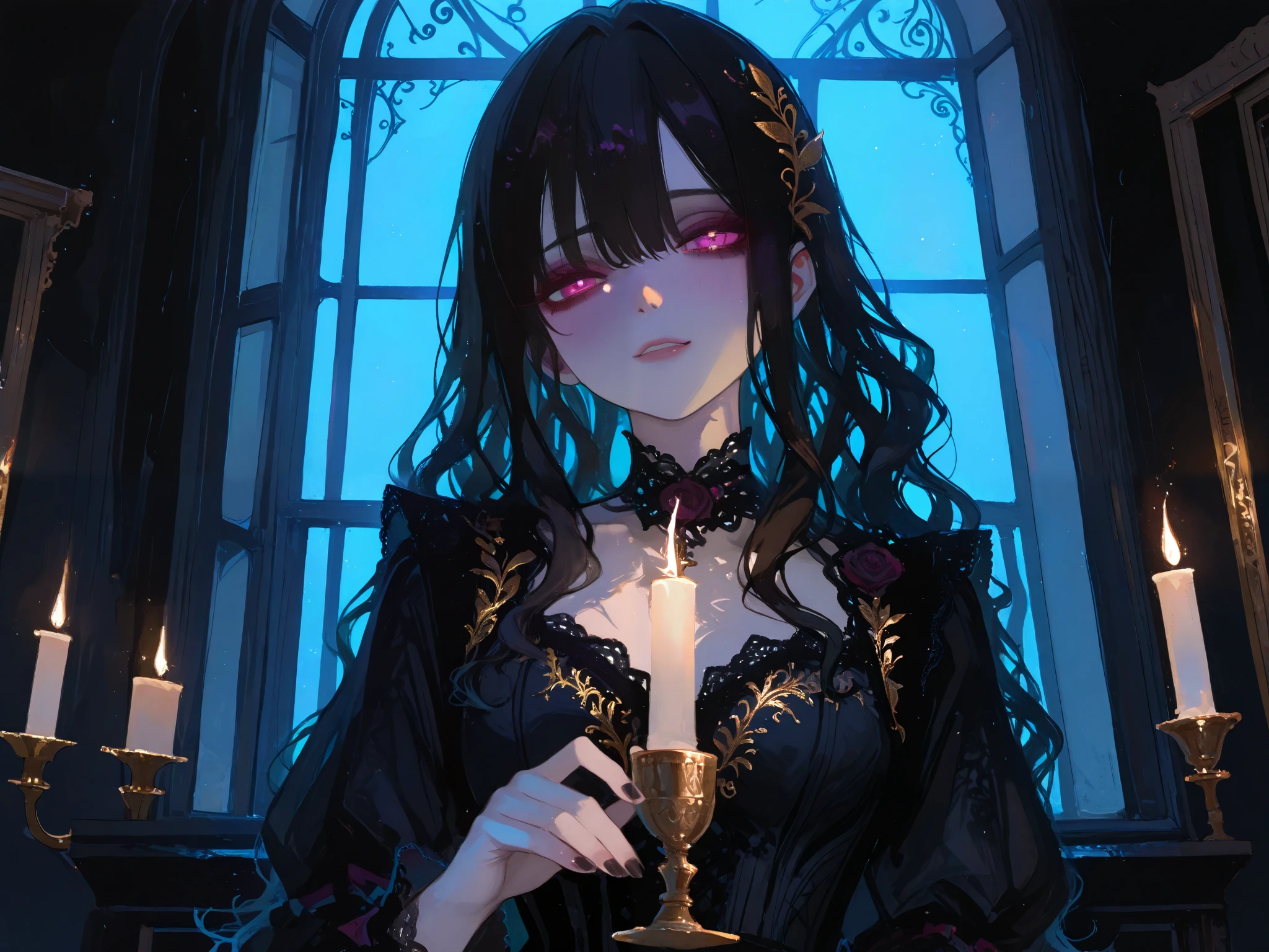 general,luisap,SakimiStyle,xxx667_illu,748cmstyle,dark gothic, romantic painting of a beautiful widow (long dark wavy hair, pale delicate skin, wearing an elegant black Victorian dress with lace details and subtle embroidery), seated alone by a large open window, gazing at the moonlit garden with a melancholic expression, a half-filled wine glass in her slender fingers, candlelight casting a warm glow on her face, soft shadows dancing across the dimly lit room, misty haze drifting outside, soft fabric folds flowing gently, chiaroscuro lighting emphasizing the contrast between candlelight and moonlight, highly detailed glazing and soft brush strokes, inspired by John William Waterhouse, romanticism style, elegant and mysterious ambiance.