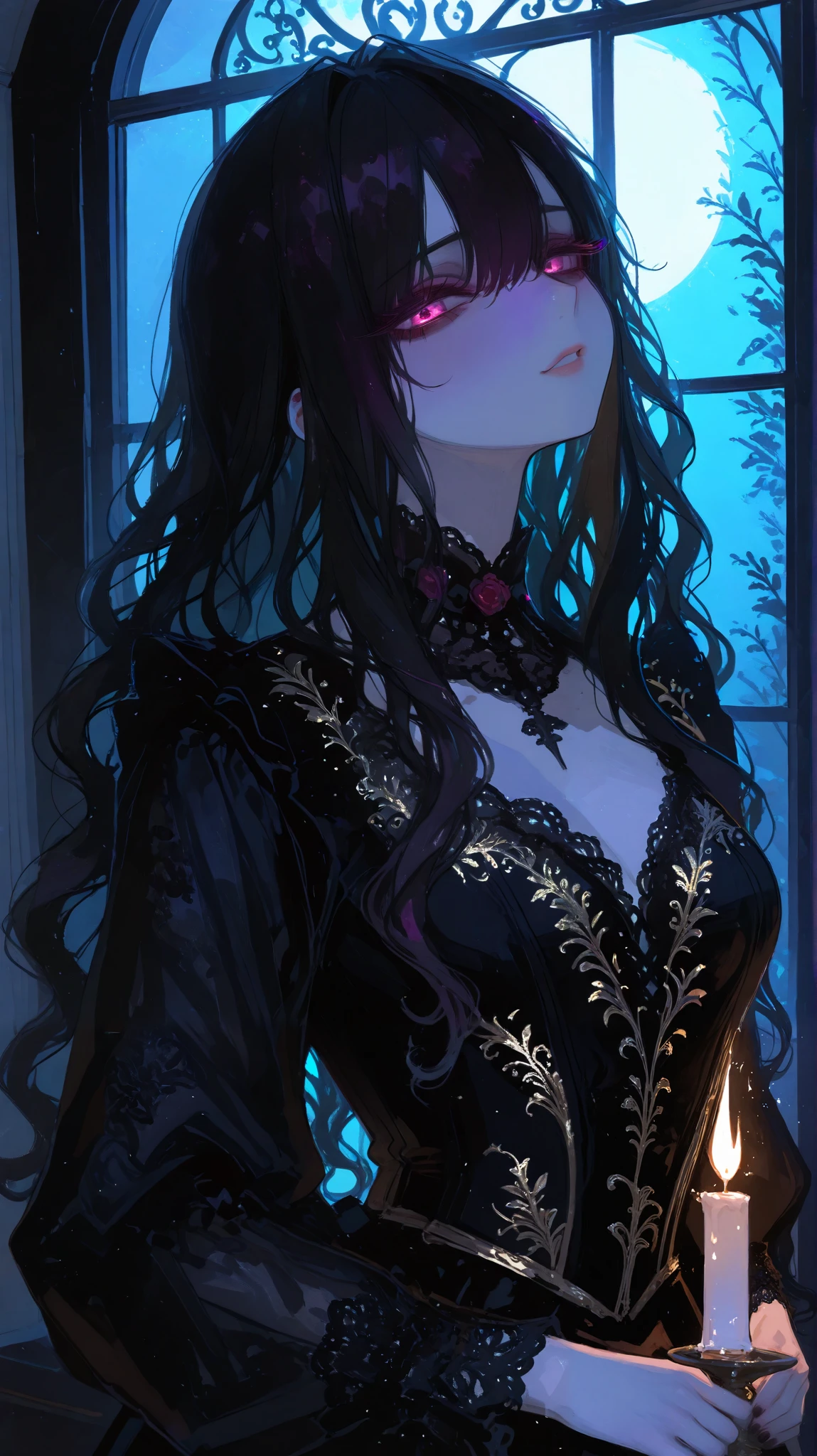 general,luisap,SakimiStyle,xxx667_illu,748cmstyle,dark gothic, romantic painting of a beautiful widow (long dark wavy hair, pale delicate skin, wearing an elegant black Victorian dress with lace details and subtle embroidery), seated alone by a large open window, gazing at the moonlit garden with a melancholic expression, a half-filled wine glass in her slender fingers, candlelight casting a warm glow on her face, soft shadows dancing across the dimly lit room, misty haze drifting outside, soft fabric folds flowing gently, chiaroscuro lighting emphasizing the contrast between candlelight and moonlight, highly detailed glazing and soft brush strokes, inspired by John William Waterhouse, romanticism style, elegant and mysterious ambiance.