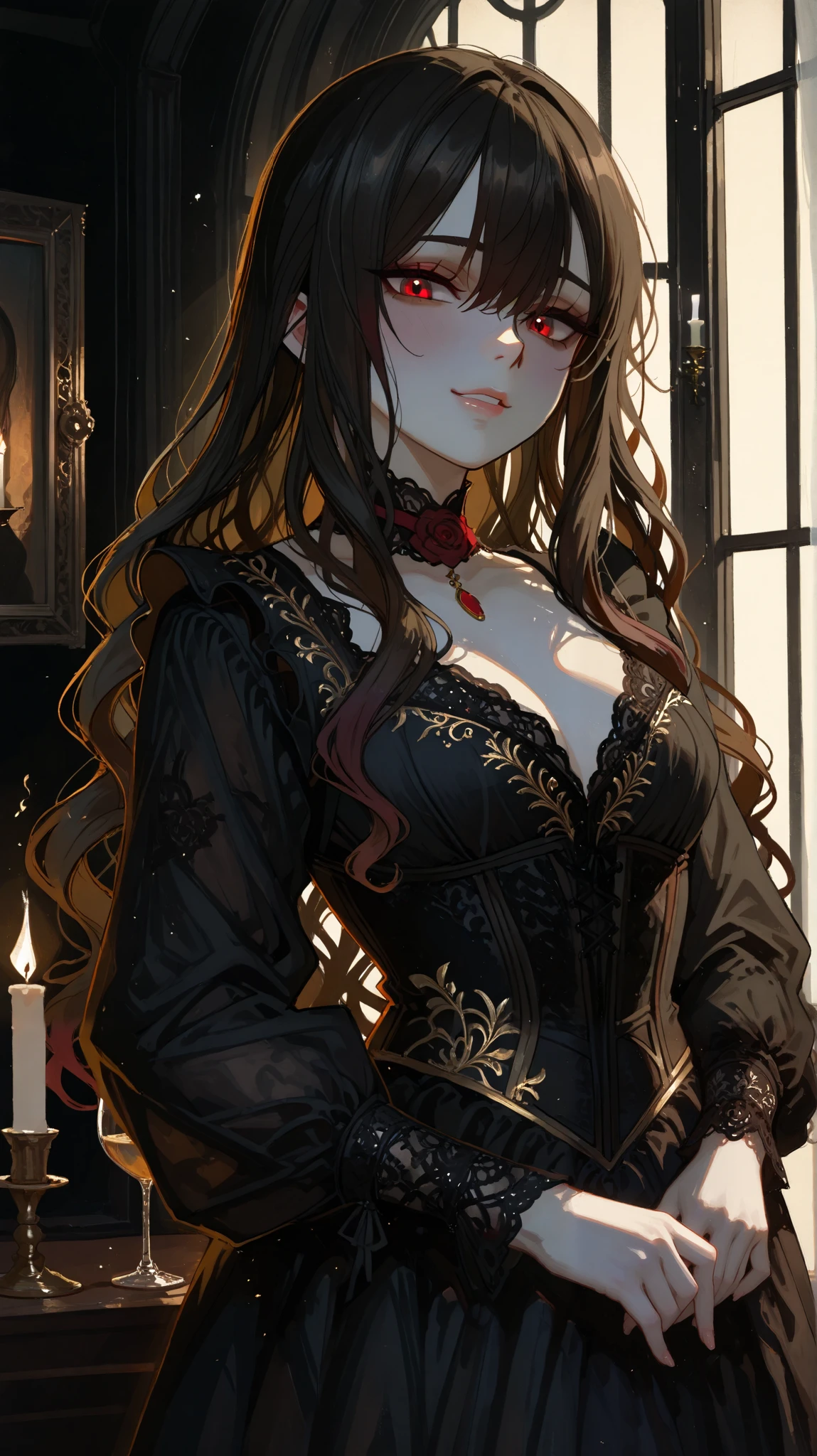 general,luisap,SakimiStyle,xxx667_illu,748cmstyle,dark gothic, romantic painting of a beautiful widow (long dark wavy hair, pale delicate skin, wearing an elegant black Victorian dress with lace details and subtle embroidery), seated alone by a large open window, gazing at the moonlit garden with a melancholic expression, a half-filled wine glass in her slender fingers, candlelight casting a warm glow on her face, soft shadows dancing across the dimly lit room, misty haze drifting outside, soft fabric folds flowing gently, chiaroscuro lighting emphasizing the contrast between candlelight and moonlight, highly detailed glazing and soft brush strokes, inspired by John William Waterhouse, romanticism style, elegant and mysterious ambiance.