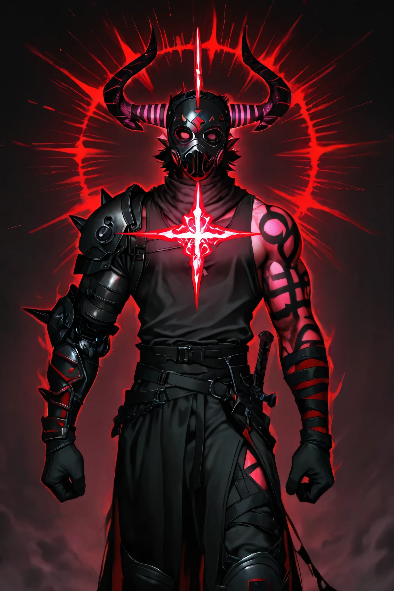 male demon first set of pink horns starts at the back of his head, curling around the side of his head before winding upwards; between the tip of horns is a glowing pink star-shaped crystal that glow. His second, smaller set of pink horns starts at the side of his head and winds forwards, curving upwards as the first.
He wears a grey Half Face Respirator Mask with red accents. An black eyepatch is over his left eye, He wears a black and dark grey, slanted bengal-striped, tank top. on his right arm wears a grey one-sleeve shoulder wrap with an intricate Greek-key pattern , red accents, and two grey clasps on the strap over the front of his torso. Two bands criss cross on his right thigh. He wears dark gray boots with pink soles.