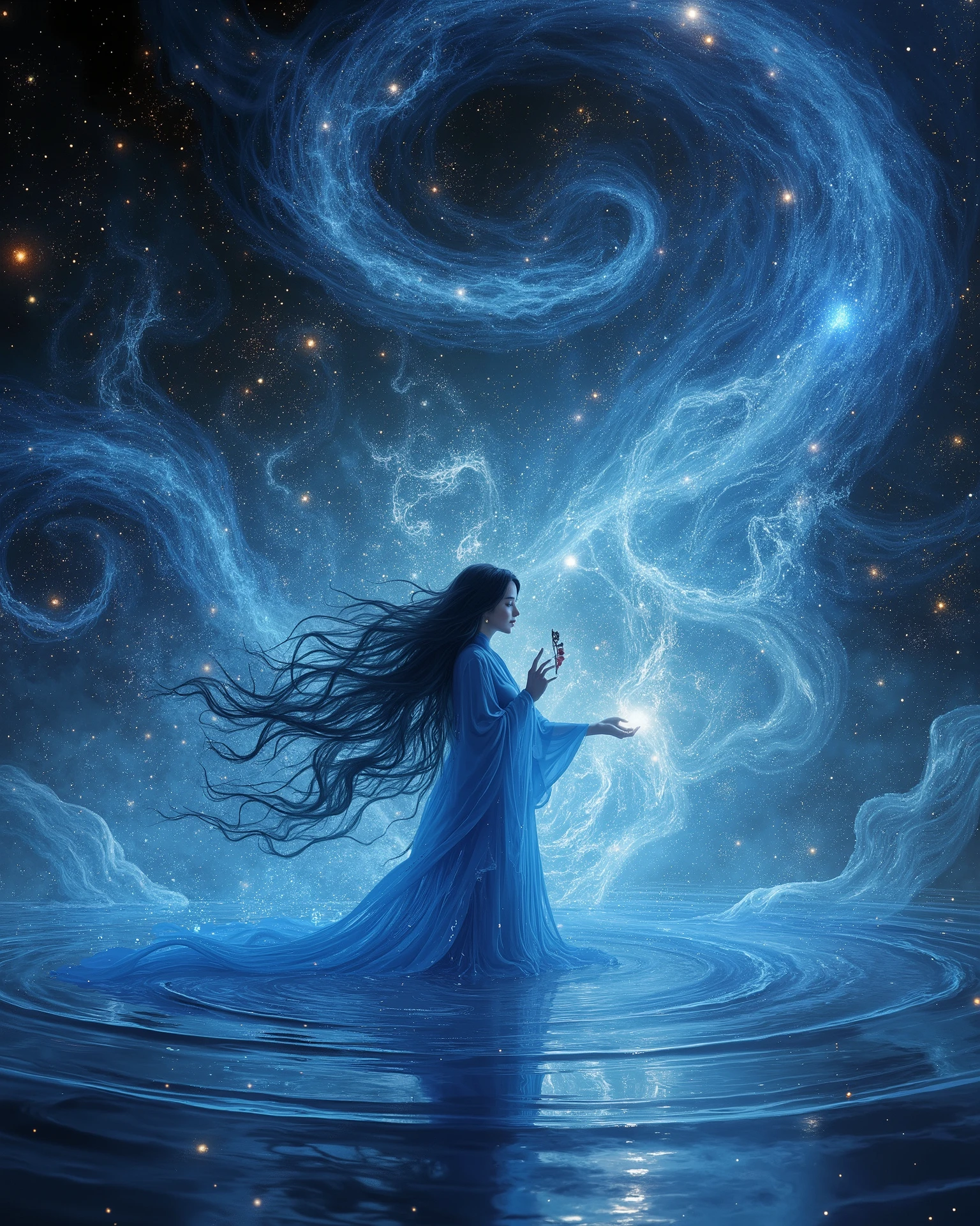 Yoshitaka Amano、 final fantasy \(series\), ( Science Fiction :1.1), (achromatic :1.1), (Horizontal position:1.2), ( Very Long Wavy Glowing Hair:1.1), (glowing vortex:1.2), UNDERBOB , ( skindentation:1.1), universe, universe雲, black hair, (Beautiful blue kimono :1.1), (A woman who plays the harp in a fantastic way:1.2), (A body that gives off an aura:1.2), Woman in the middle of the lake、
, masterpiece, top quality, great quality, so beautiful, latest, Godley、Lake Reflected Pattern 、 crystal earrings ,
