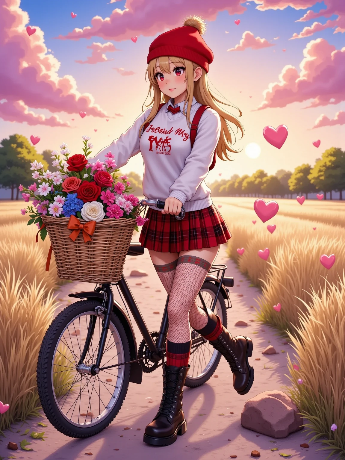Anatómicamente correcto , beautiful girl full body , sitting on a bike with baskets full of flowers, ((Manga style:1.5)), Linear , she is half profile , red and black plaid miniskirt , three-quarter fishnet stockings , long black boots, white sweatshirt with red letters , Flapping in the wind , red wool hat , red and black jacket that falls on her shoulders , Field background at dusk , flores , an anime drawing of Masamune Shirow , dynamic and sensual pose , trend on pixiv, Furry art, Danganronpa digital art, Anime style , Anime style ”, Blonde anime girl with long hair , High quality anime art style , ranked among the best in pixiv , Beautiful high school anime girl , obra de arte de Anime style , anime illustration trend