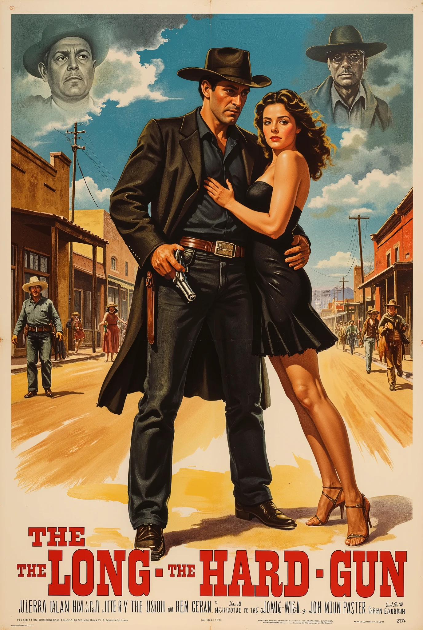vintage painted movie poster, for “THE LONG HARD GUN" (show title, A classic serif font, reminiscent of 1960s cowboy, western film posters), rugged gaunt gunfighter in the middle of the street of a southwestern town, dressed in mostly black, a beautiful Mexican girl hanging on to his left arm, while in his right hand he holds his pistol, key art, retro western, action vibe, torn cover, old paper, magazine cover, detailed, intricate, European fumetto vibe, warm tones, James Bama, Jim Steranko, Frank Frazetta, Robert McGinnis, Mort Künstler, Renato Casaro, classic action comic book aesthetic, Warren Magazine style art, 60s 70s vibe, wide cinematic shot, dramatic side lighting, chiaroscuro, harmonious color palette, dramatic action mood, bold colors, Technicolor style, dramatic compositions, exaggerated expressions, reminiscent of Italian spaghetti westerns, mythic larger than life characters, morally ambivalent, southwestern landscape, style of Sergio Leone or Sam Peckinpah, montage style background showing other characters and locations in the film, title at top, credits at the bottom