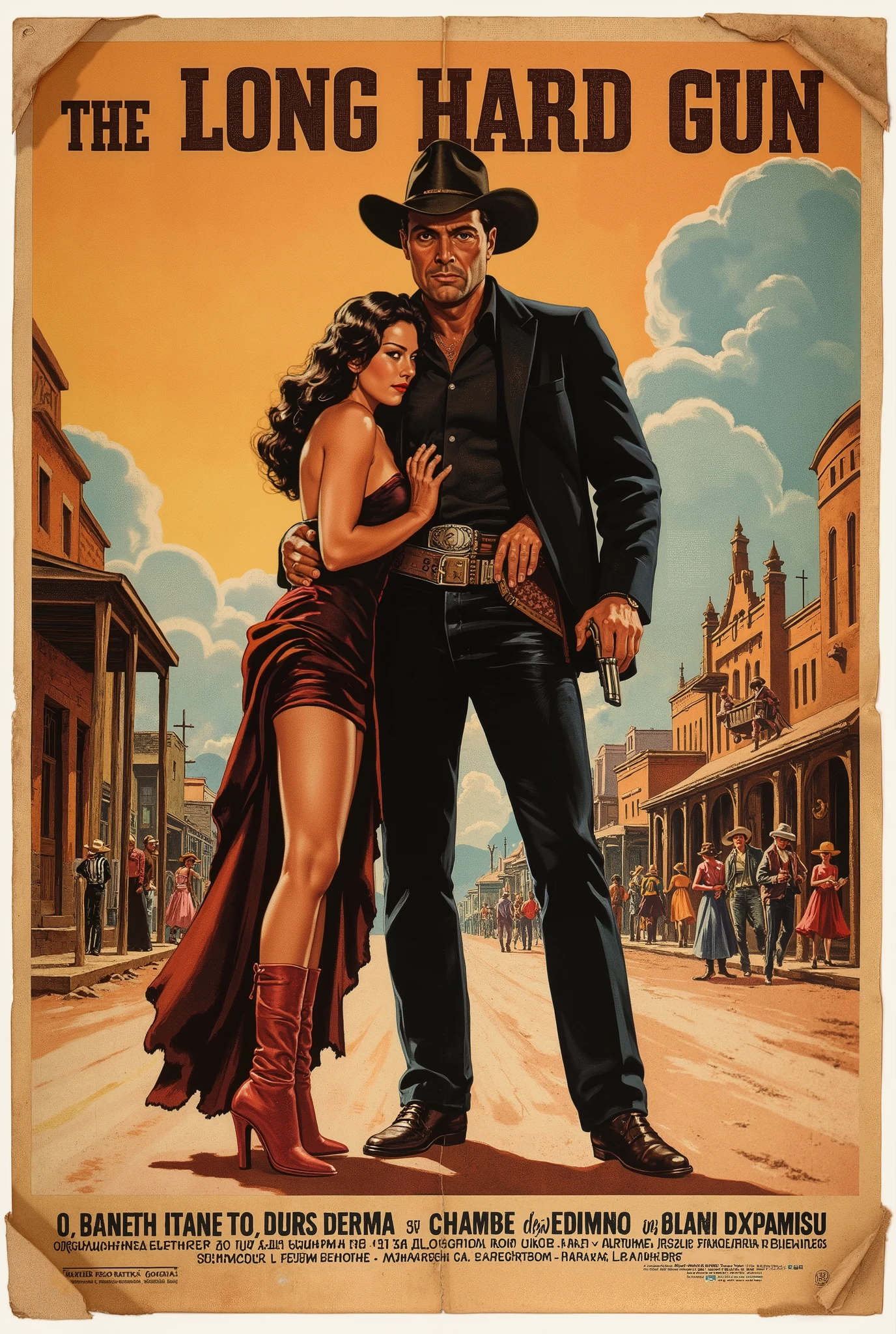 vintage painted movie poster, for “THE LONG HARD GUN" (show title, A classic serif font, reminiscent of 1960s cowboy, western film posters), rugged gaunt gunfighter in the middle of the street of a southwestern town, dressed in mostly black, a beautiful Mexican girl hanging on to his left arm, while in his right hand he holds his pistol, key art, retro western, action vibe, torn cover, old paper, magazine cover, detailed, intricate, European fumetto vibe, warm tones, James Bama, Jim Steranko, Frank Frazetta, Robert McGinnis, Mort Künstler, Renato Casaro, classic action comic book aesthetic, Warren Magazine style art, 60s 70s vibe, wide cinematic shot, dramatic side lighting, chiaroscuro, harmonious color palette, dramatic action mood, bold colors, Technicolor style, dramatic compositions, exaggerated expressions, reminiscent of Italian spaghetti westerns, mythic larger than life characters, morally ambivalent, southwestern landscape, style of Sergio Leone or Sam Peckinpah, montage style background showing other characters and locations in the film, title at top, credits at the bottom