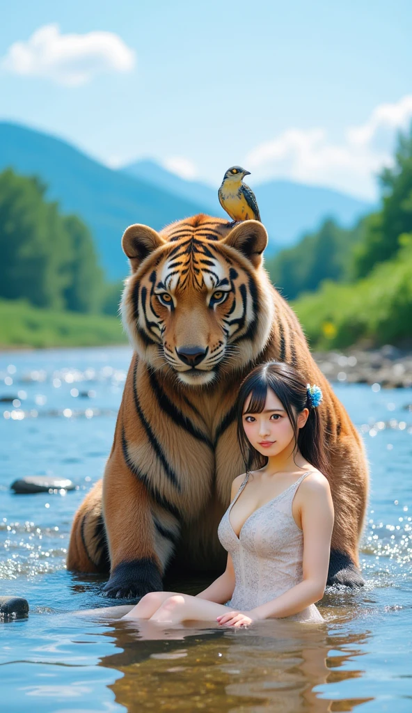 high quality, 16k, professional photography, highly detailed pictures, award winning photos, written boundary depth, portrait, Gorgeous fluffy luxury carpet, （1 girl), 40 years old, actress face, model face, detailed face, teeth, whole body, get down on all fours, ((Very big breasts posing with legs in human hands, half girl half tiger, beautiful tiger fur, tiger ears,  sexy tiger tail