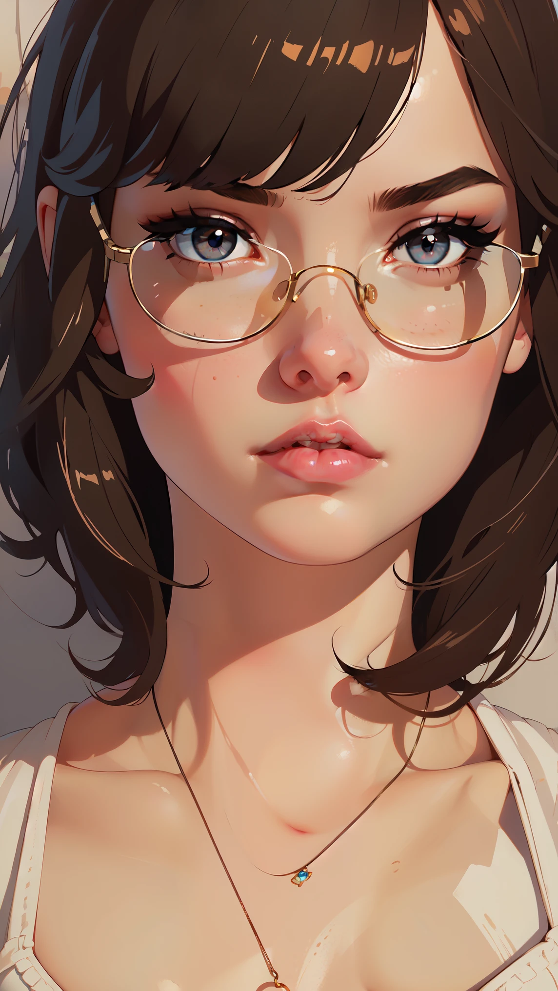 HD, 8k quality, masterpiece, dream girl , beautiful face, kissing lips, short bob hairstyle, long bangs, perfect makeup, realistic face, detailed eyes, diamond blue eyes, brunette hair, eyelashes, scared, cameltoe, eyes at viewer, clear lens glasses, view from below, blush.