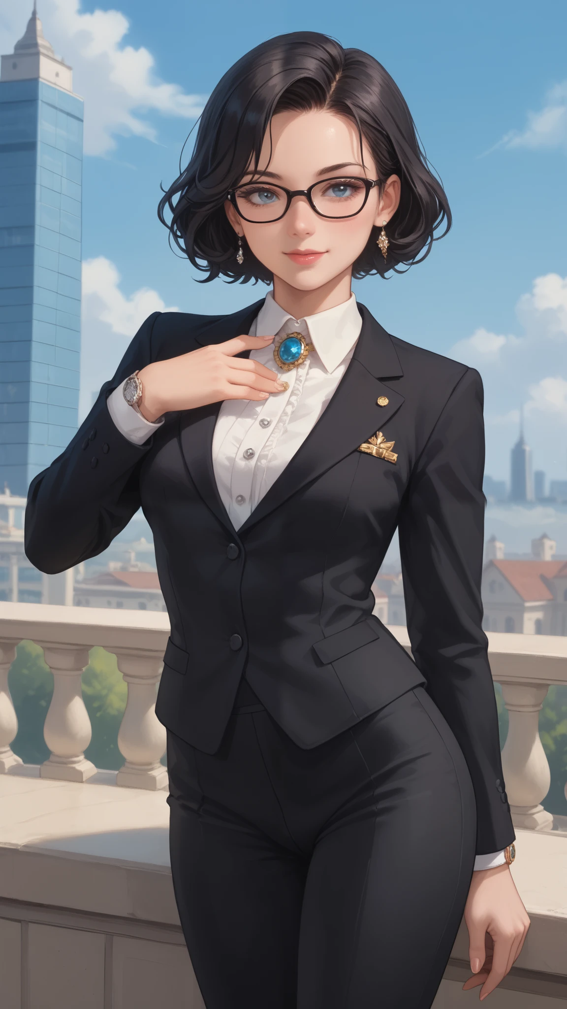 ". She is portrayed as a tall female  (170 cm ) She has a strong and majestic presence .  Her skin is slightly pale with a touch of glowing moonlight. . . Her fingers are long and slender . She has black hair, medium length, ( straight) totally untidy but elegant .  Her facial expressions are calm and mysterious. She rarely smiles. When she does, her smile is light and vague .  who stands confidently, steadily and elegantly, without excessive movement. .

" She wears black glasses with a thick frame, wears an elegant black suit, designed perfectly, The jacket is a little long in a modern classic style with black buttons.  The pants are tight and precisely detailed to allow movement. .  wearing a classic silver watch that adds a touch of precision, and leather shoes A shiny black with a low heel enhances her official presence. . . Her expressions are specific and thoughtful, giving her a charming and mysterious look. ."

"  city background with high towers from the 19th century with a little imagination"