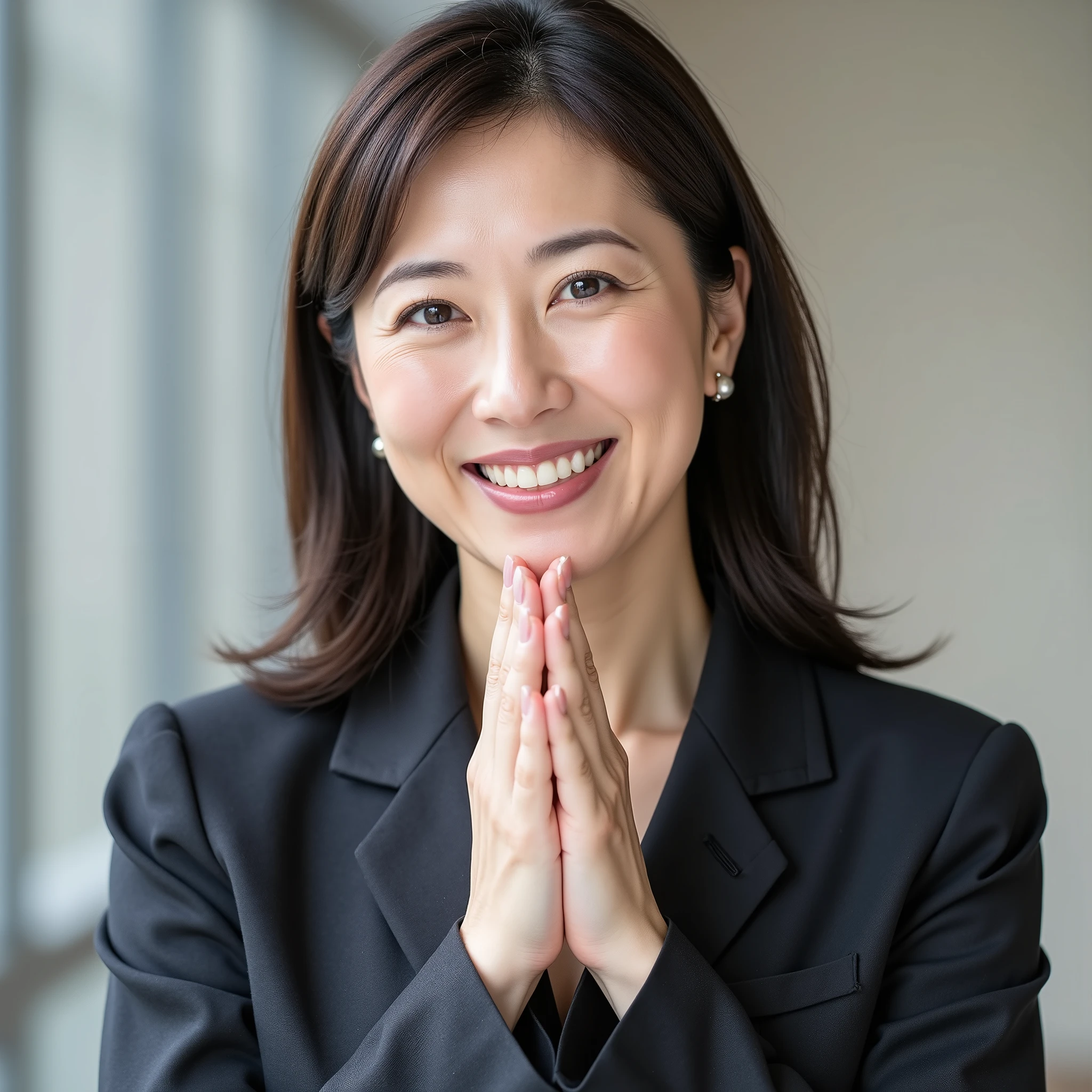 『 one Japanese girl :1.3』『 Real Photos:1.3』 top quality:1.2、(( large saggy breasts、 slender figure))、 I can see a little cleavage、(( 40 year old woman))、(( has red cheeks))『 smiling showing teeth :1.9』、((( anatomically correct、 perfect anatomy、 anatomically correct指)))、 by Nomi, top quality, Ultra High Resolution, RAW Photo, (Curvy body)、
wearing a business suit、 pose where you put your hands together、